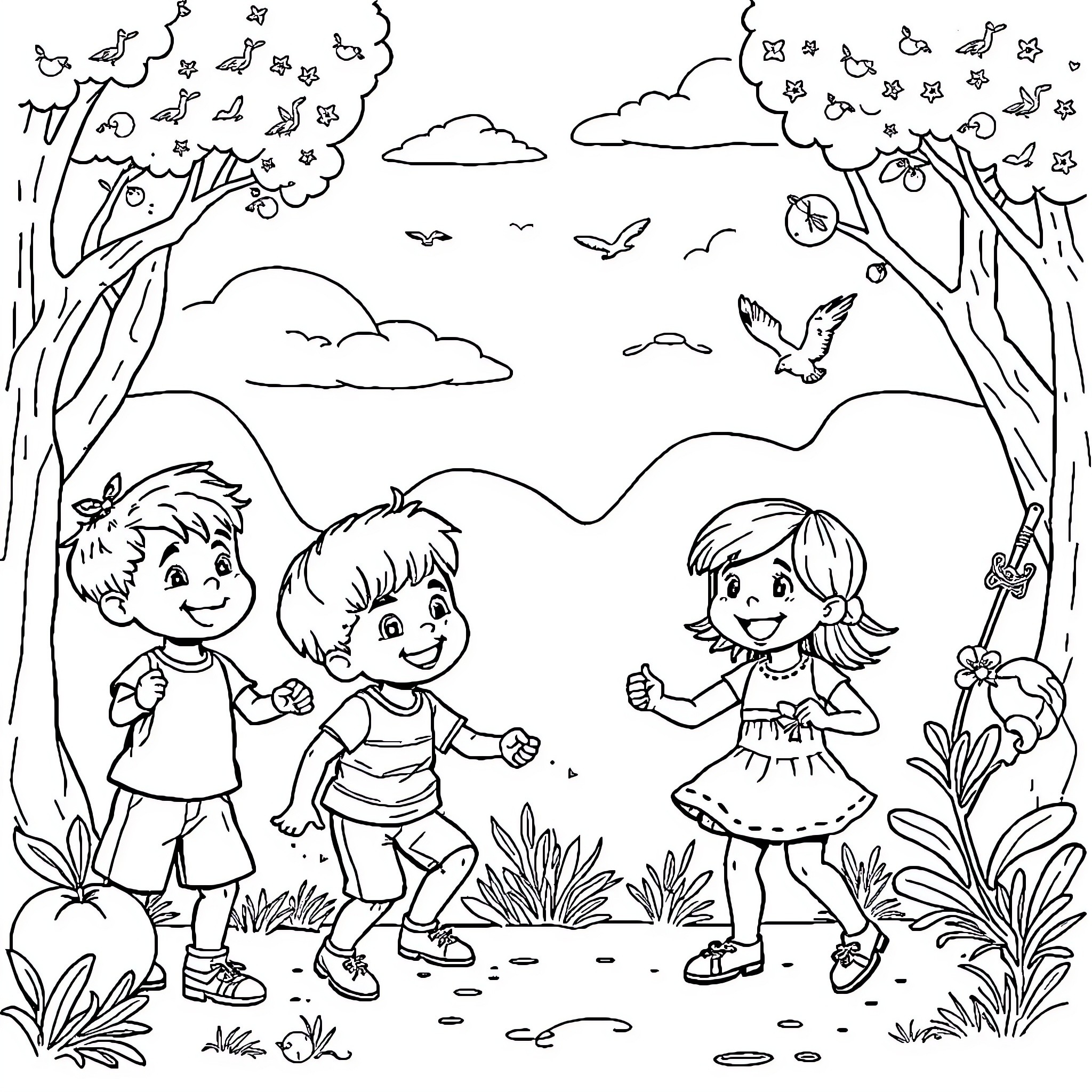 Labubu's Playful Adventure in the Enchanted Woods Coloring Page (free black-and-white line drawing printable PDF for all, from beginners to advanced learners, including children, teens, adults, and seniors)