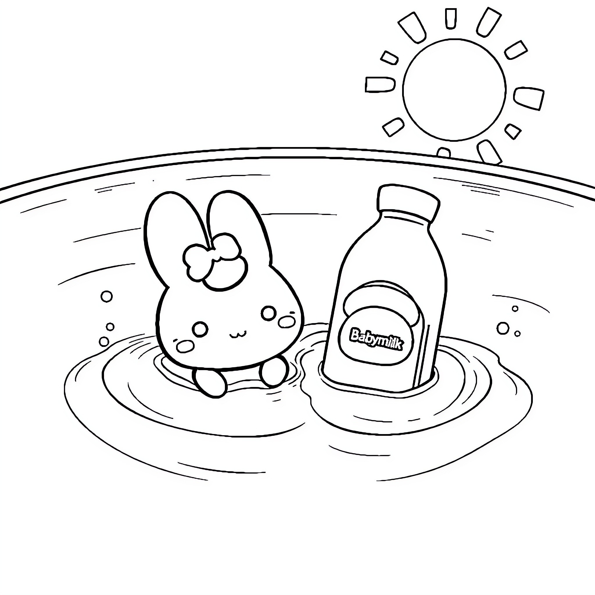 Cinnamoroll enjoying a sunny day near milk bottle Coloring Page (free black-and-white line drawing printable PDF for all, from beginners to advanced learners, including children, teens, adults, and seniors)