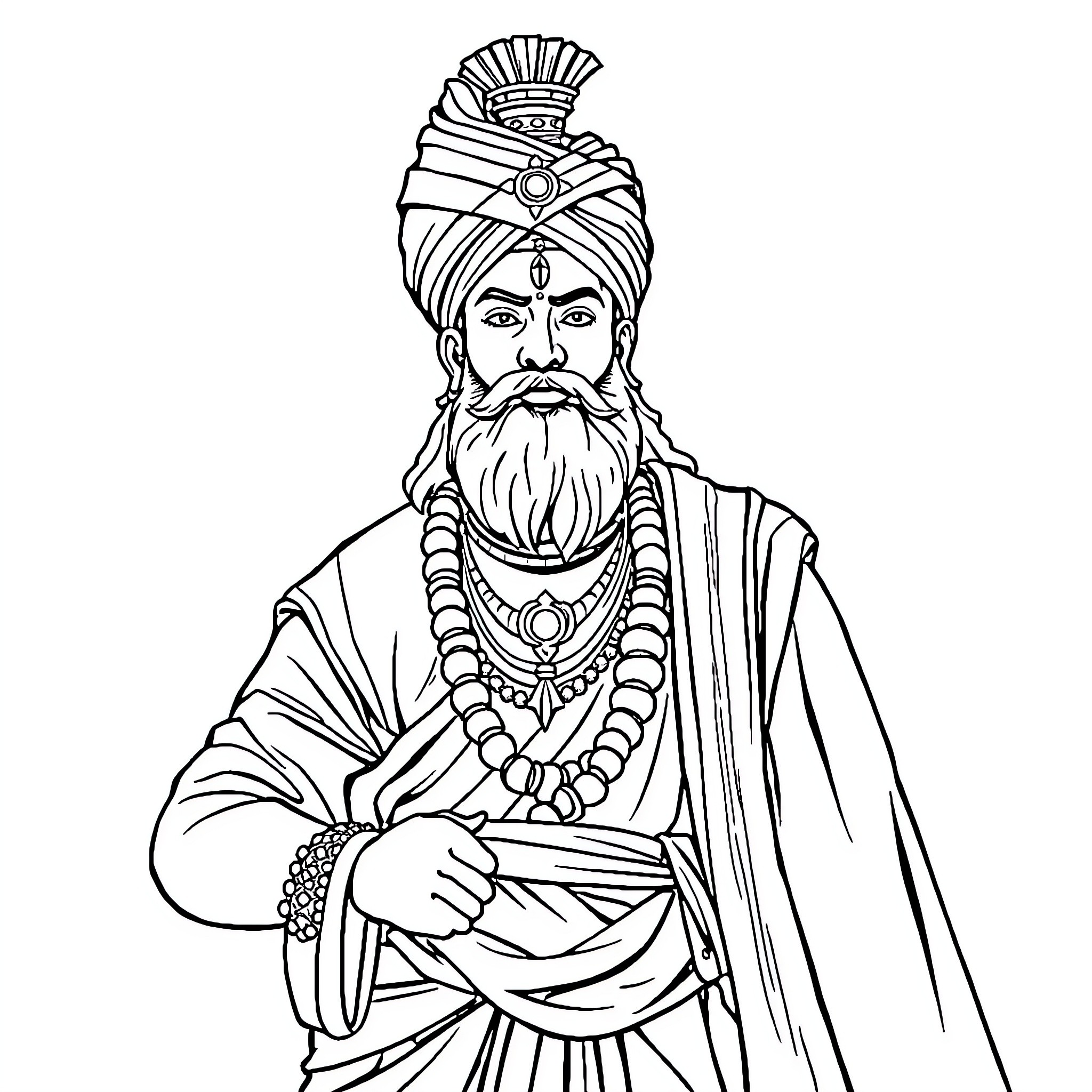 Chhatrapati Shivaji Maharaj in regal attire with ornate headpiece Coloring Page (free black-and-white line drawing printable PDF for all, from beginners to advanced learners, including children, teens, adults, and seniors)