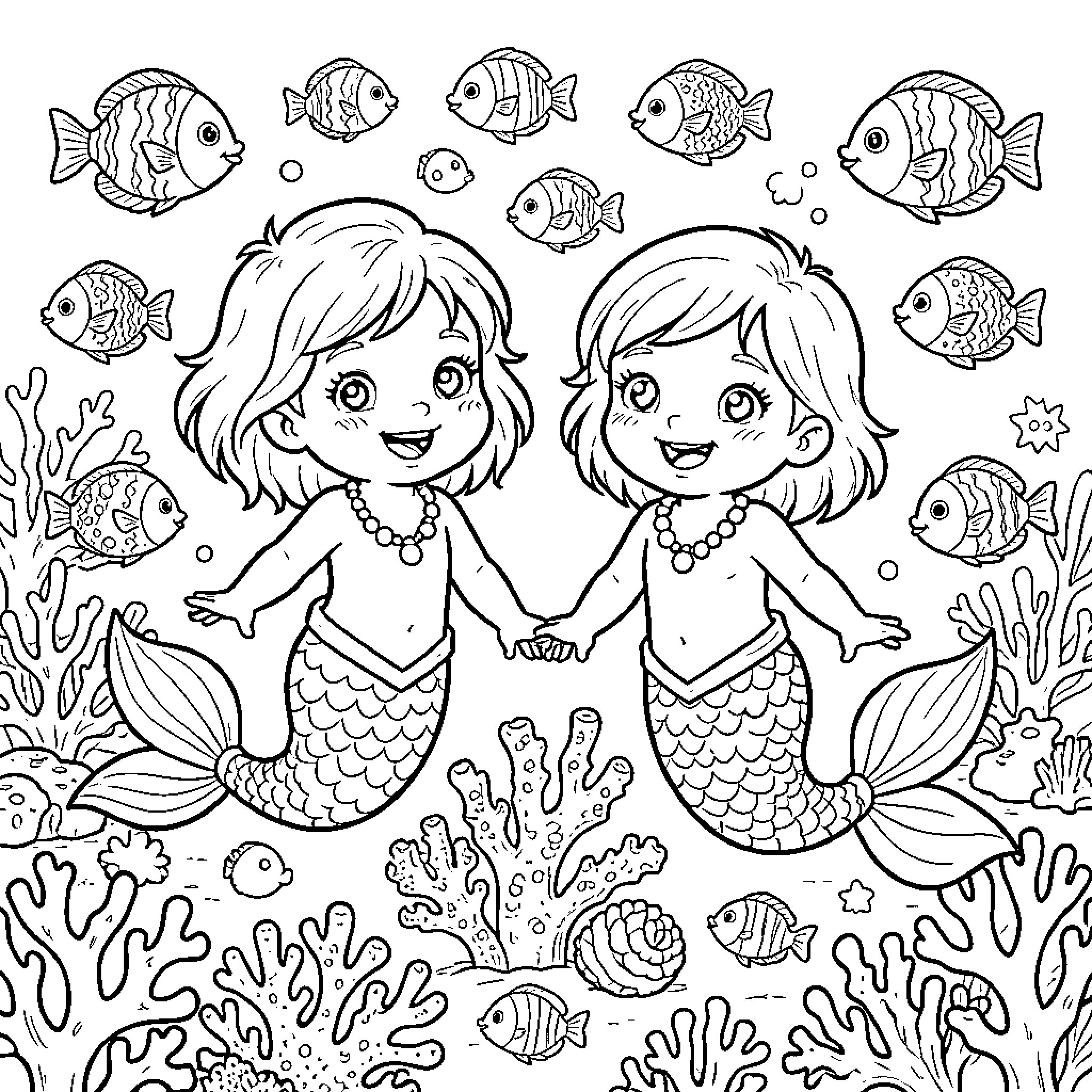 Mermaid friends enjoying the underwater world Coloring Page (free black-and-white line drawing printable PDF for all, from beginners to advanced learners, including children, teens, adults, and seniors)