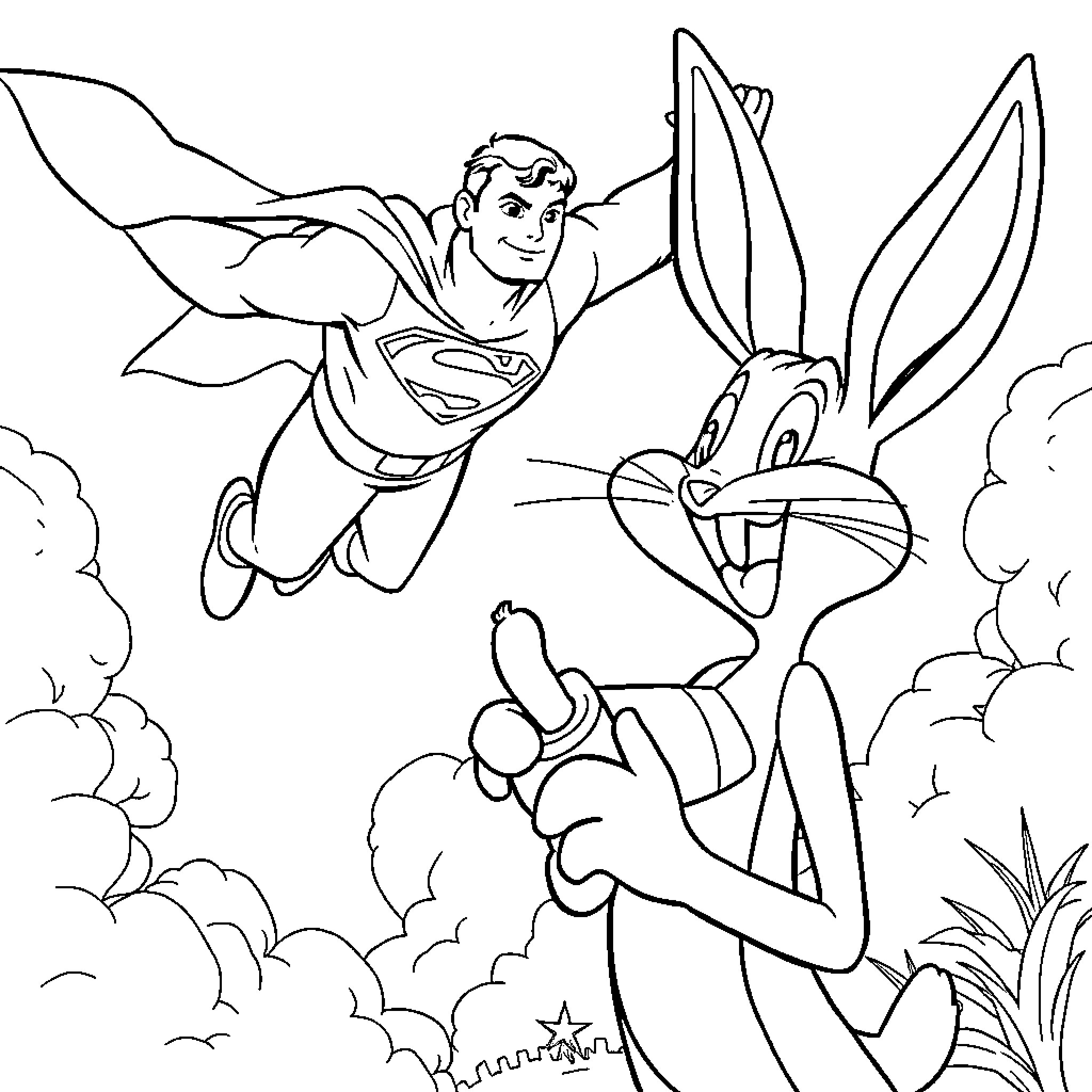 Superman confronting a mischievous cartoon rabbit Coloring Page (free black-and-white line drawing printable PDF for all, from beginners to advanced learners, including children, teens, adults, and seniors)