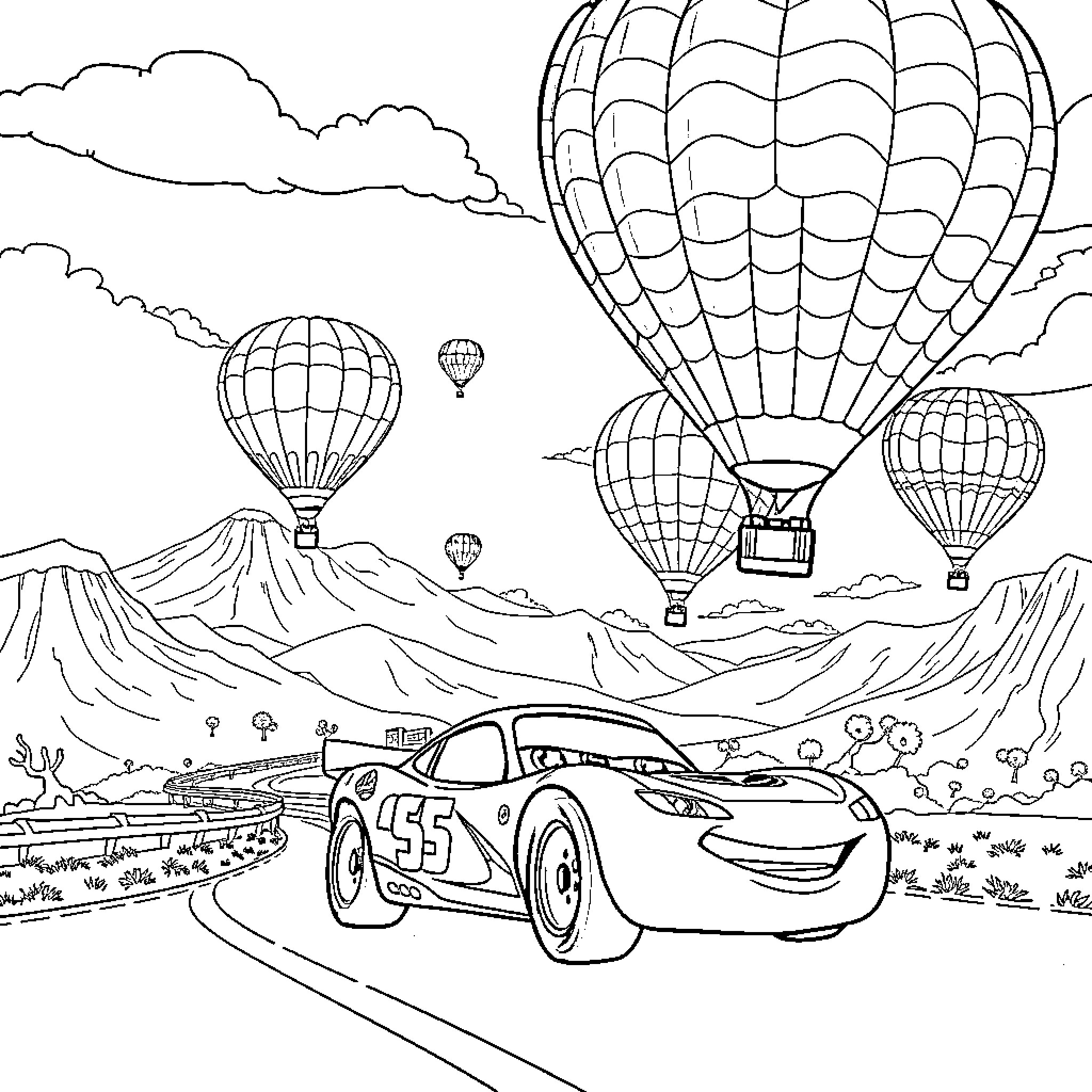 Lightning McQueen's High-Flying Adventure Coloring Page (free black-and-white line drawing printable PDF for all, from beginners to advanced learners, including children, teens, adults, and seniors)