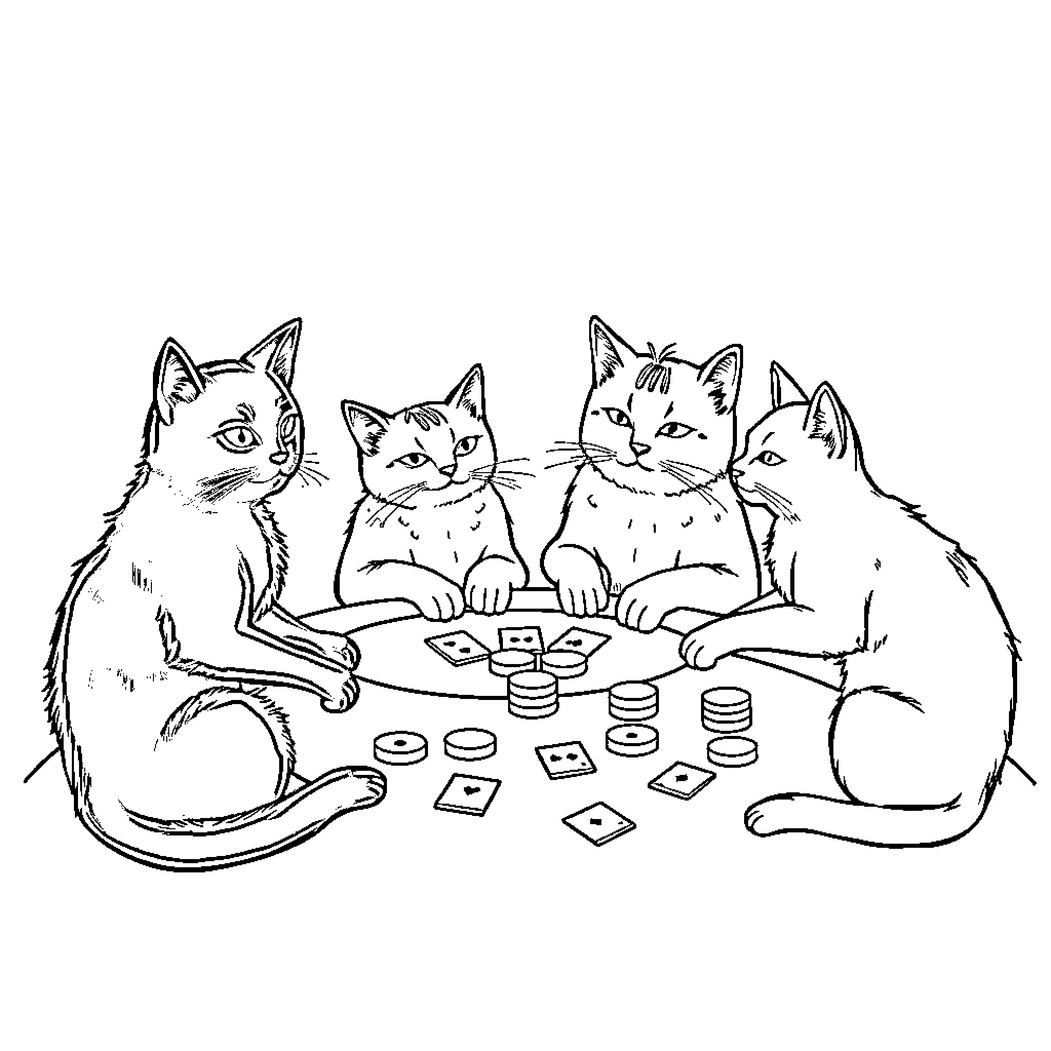 Cat playing card game with friends Coloring Page (free black-and-white line drawing printable PDF for all, from beginners to advanced learners, including children, teens, adults, and seniors)