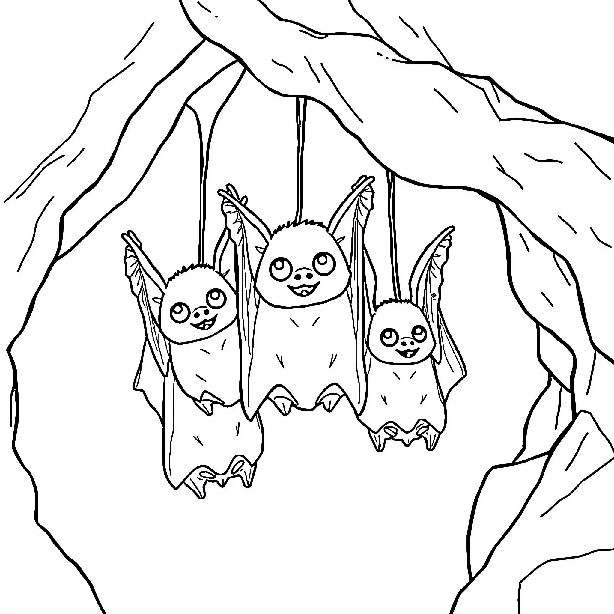 Bat Trio Hanging in Cave Coloring Page (free black-and-white line drawing printable PDF for all, from beginners to advanced learners, including children, teens, adults, and seniors)