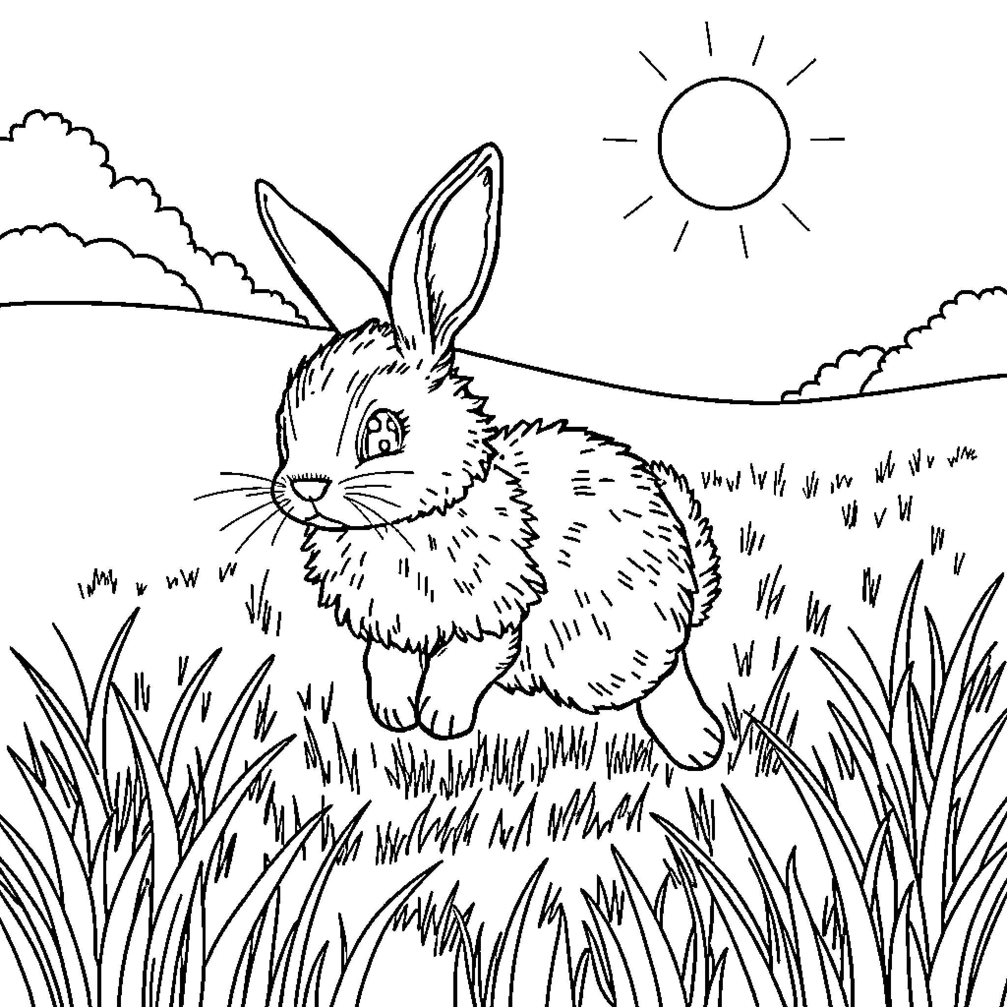 Bunny sitting in a grassy field on a sunny day Coloring Page (free black-and-white line drawing printable PDF for all, from beginners to advanced learners, including children, teens, adults, and seniors)