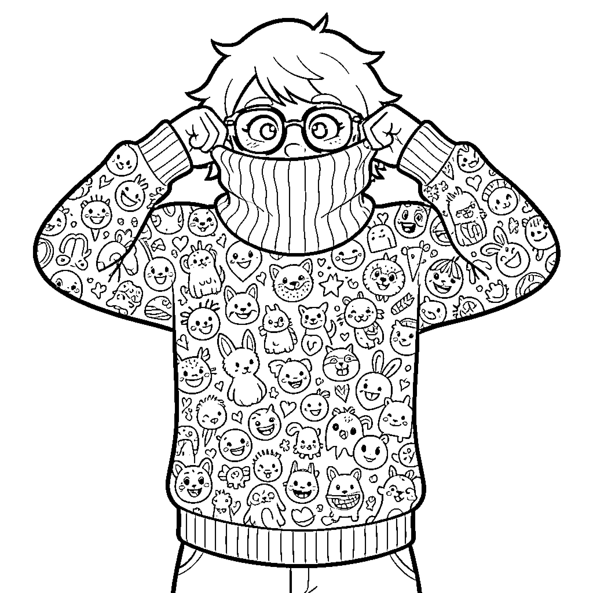 Character in Whimsical Patterned Sweater Coloring Page (free black-and-white line drawing printable PDF for all, from beginners to advanced learners, including children, teens, adults, and seniors)