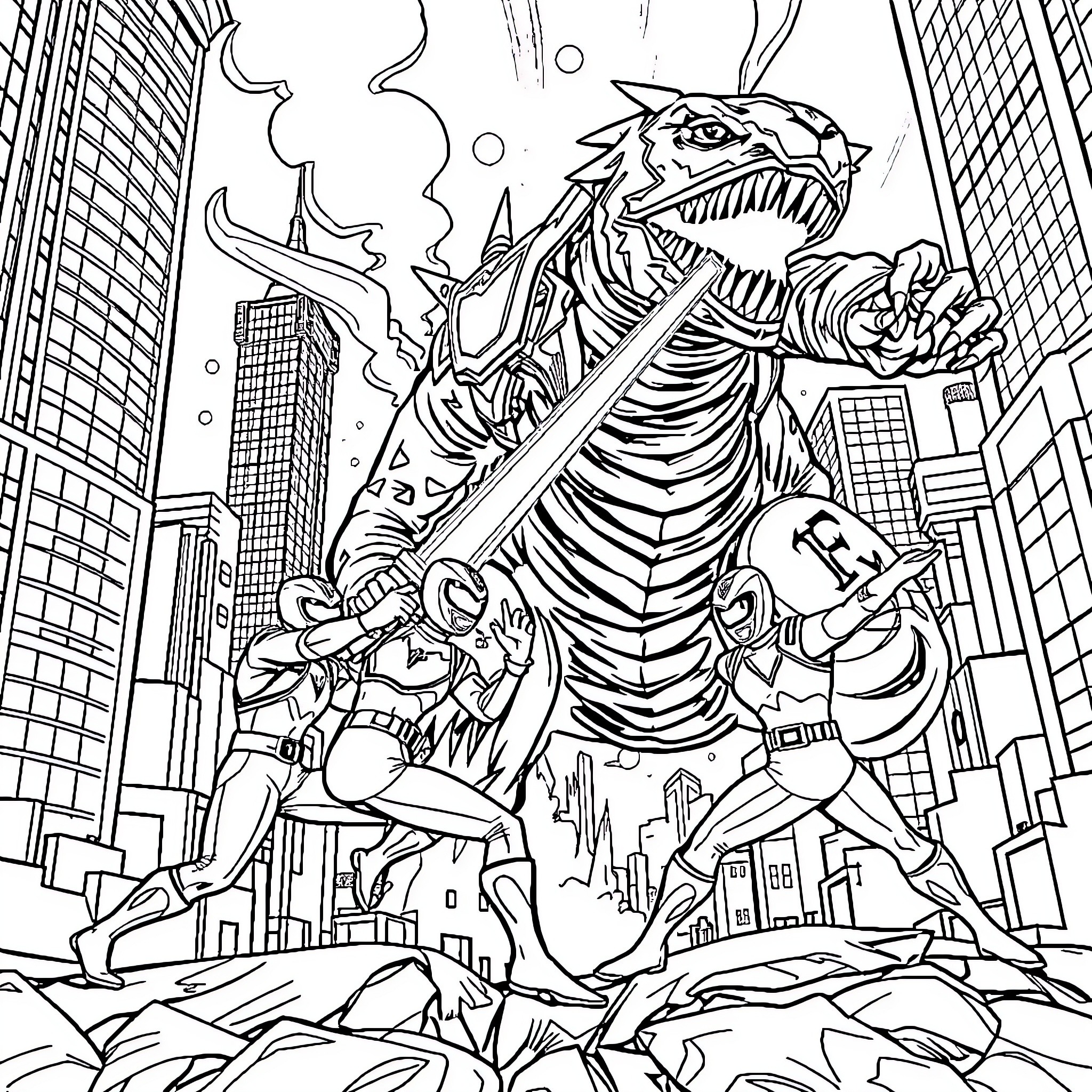 Power Ranger Heroes Battling Giant Monster in City Coloring Page (free black-and-white line drawing printable PDF for all, from beginners to advanced learners, including children, teens, adults, and seniors)