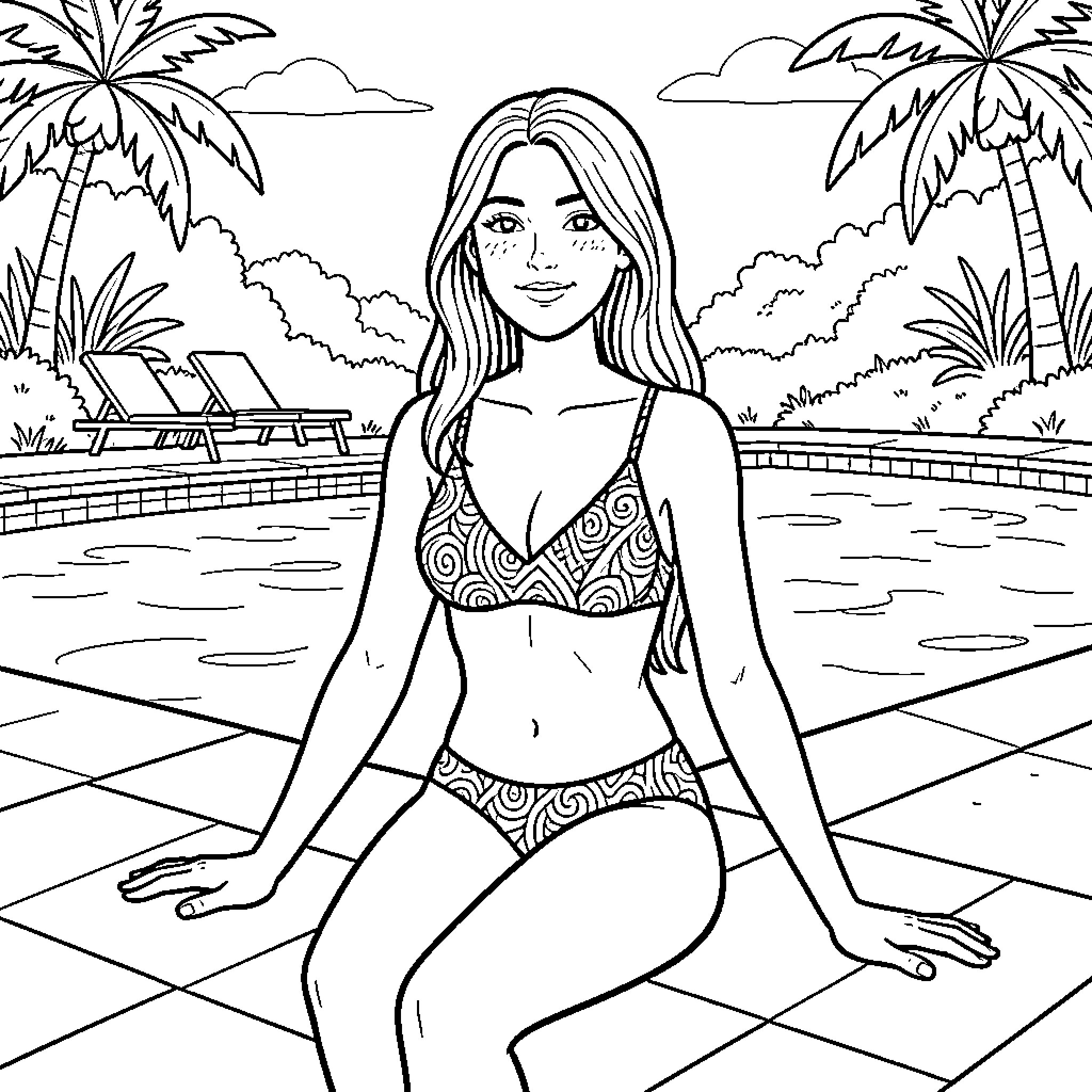 Farmer relaxing by a tropical swimming pool Coloring Page (free black-and-white line drawing printable PDF for all, from beginners to advanced learners, including children, teens, adults, and seniors)