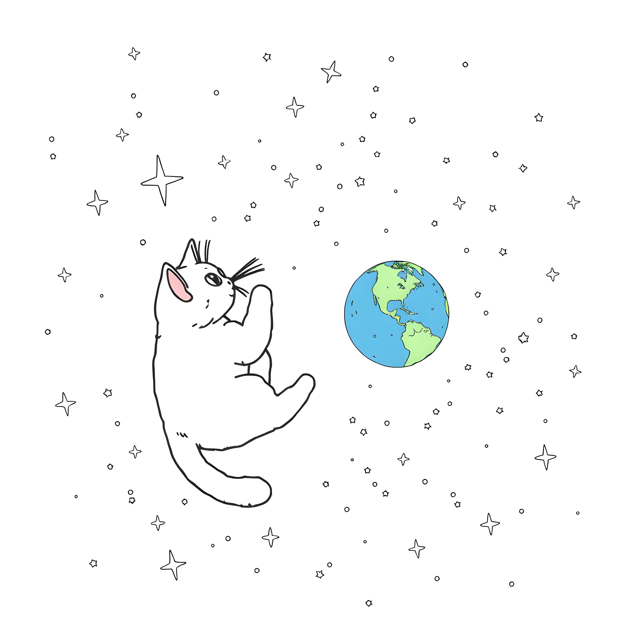 Cat exploring the starry galaxy Coloring Page (free black-and-white line drawing printable PDF for all, from beginners to advanced learners, including children, teens, adults, and seniors)