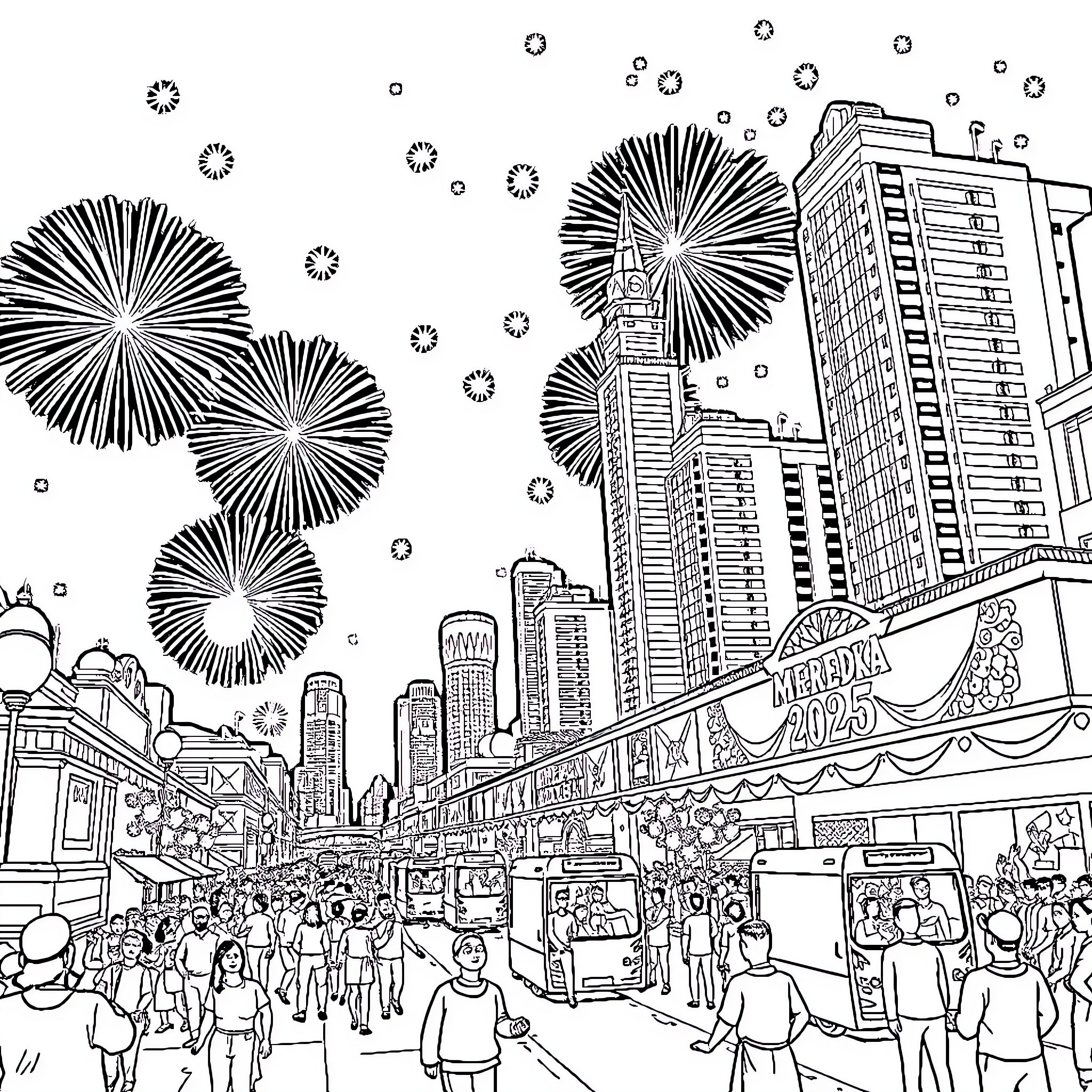 Merdeka Celebration with Fireworks and Vibrant Cityscape Coloring Page (free black-and-white line drawing printable PDF for all, from beginners to advanced learners, including children, teens, adults, and seniors)