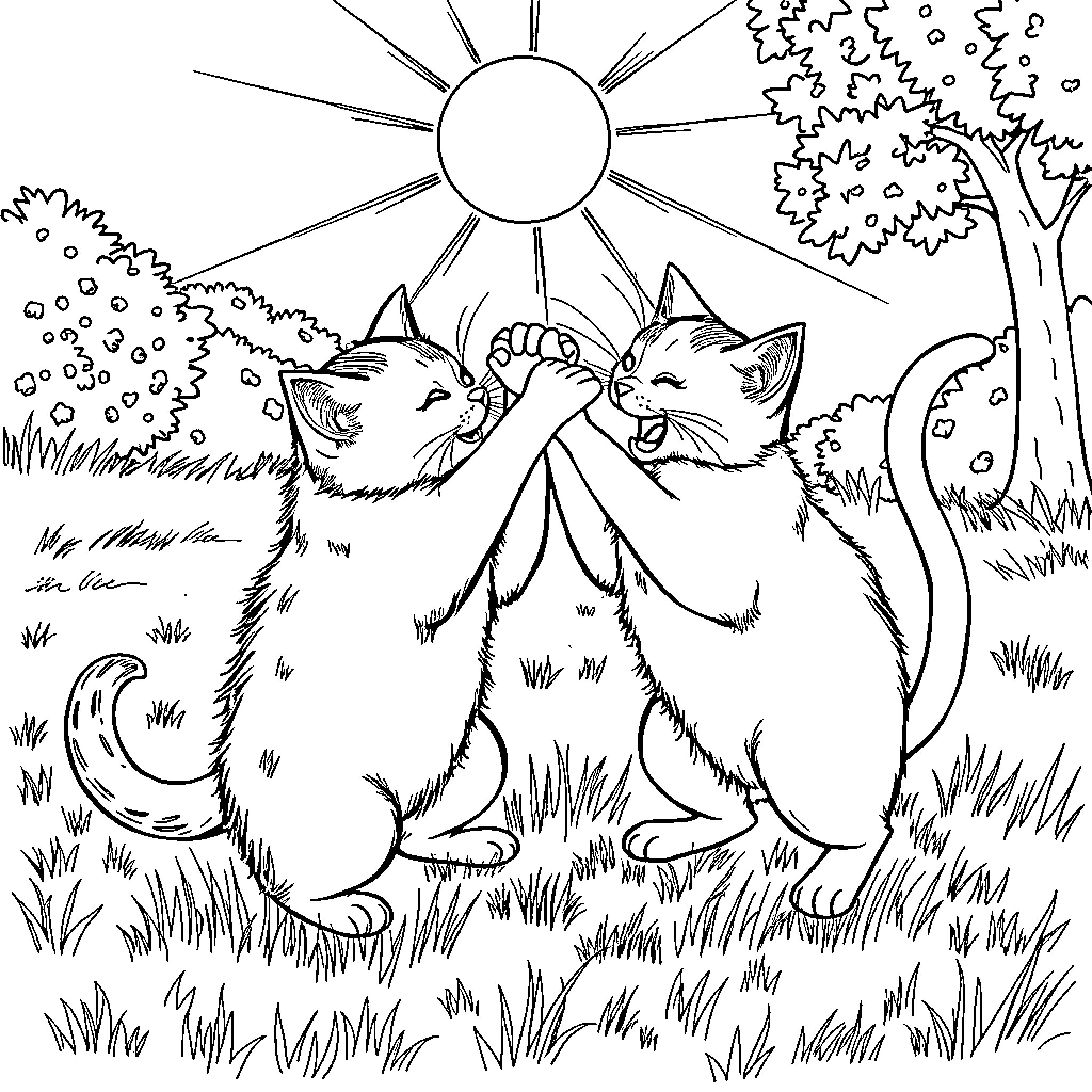 Cats playing joyfully in the sun Coloring Page (free black-and-white line drawing printable PDF for all, from beginners to advanced learners, including children, teens, adults, and seniors)