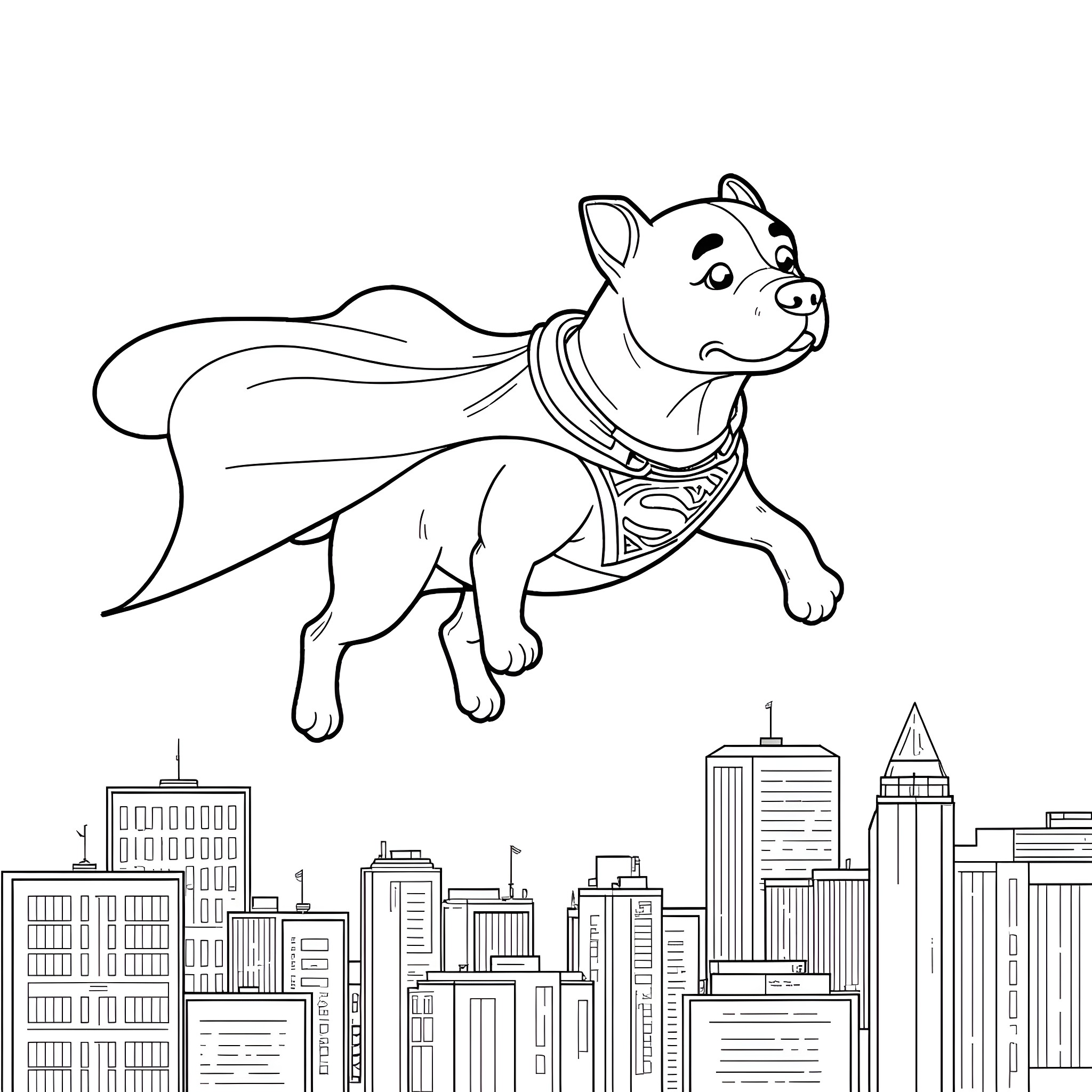 Pit Bull superhero soaring over the city Coloring Page (free black-and-white line drawing printable PDF for all, from beginners to advanced learners, including children, teens, adults, and seniors)