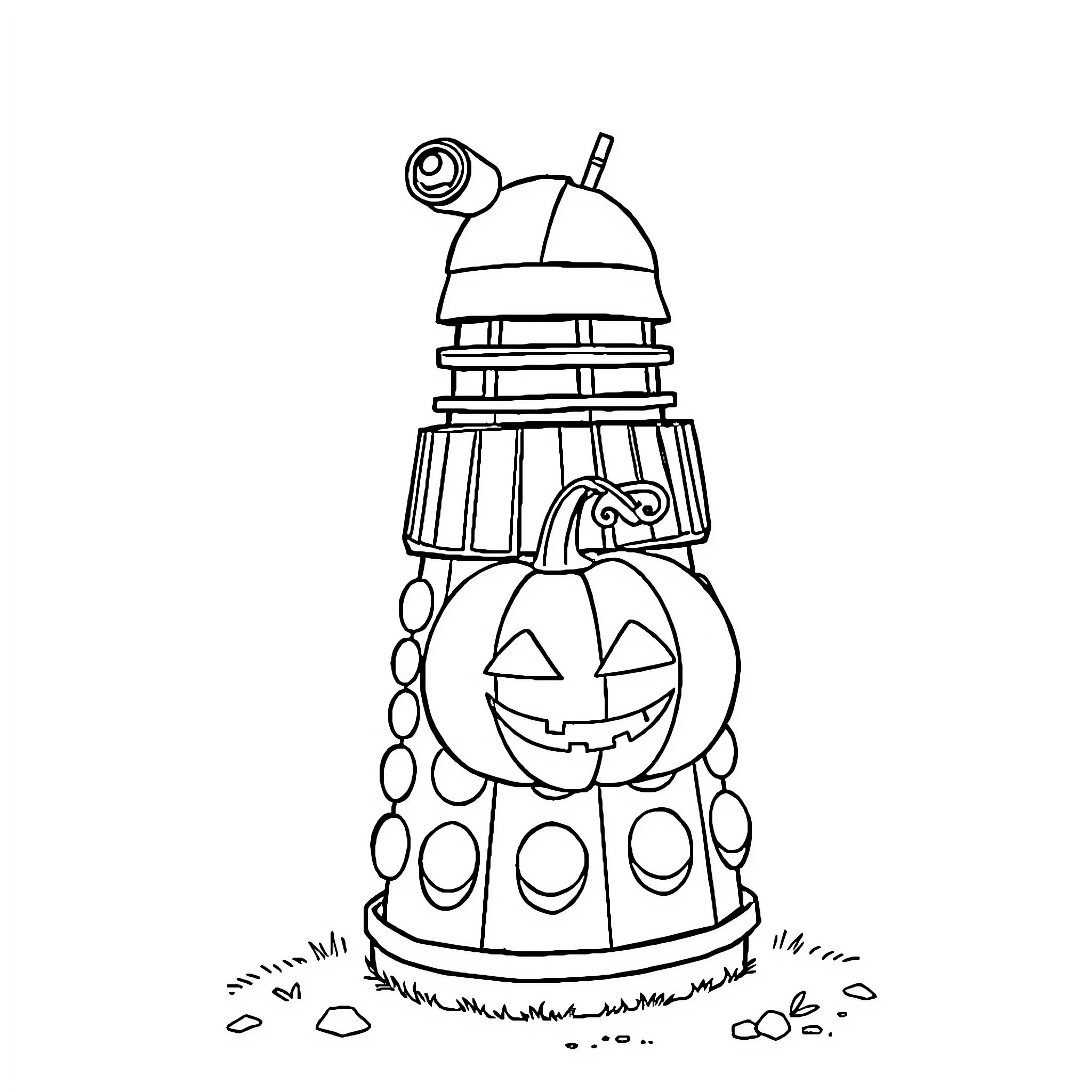 Dalek on a Halloween pumpkin Coloring Page (free black-and-white line drawing printable PDF for all, from beginners to advanced learners, including children, teens, adults, and seniors)