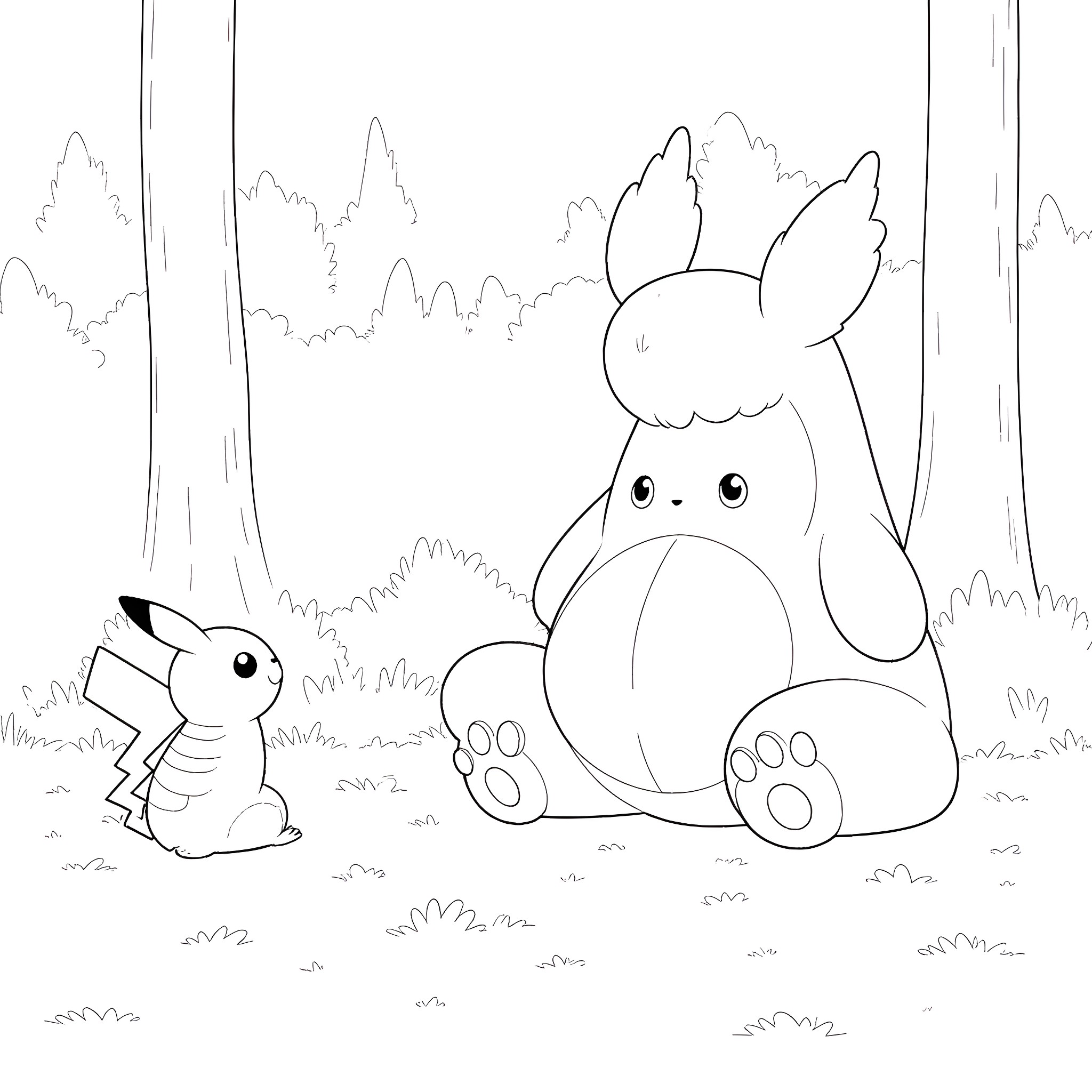 Snorlax and Pikachu relaxing in a peaceful forest Coloring Page (free black-and-white line drawing printable PDF for all, from beginners to advanced learners, including children, teens, adults, and seniors)