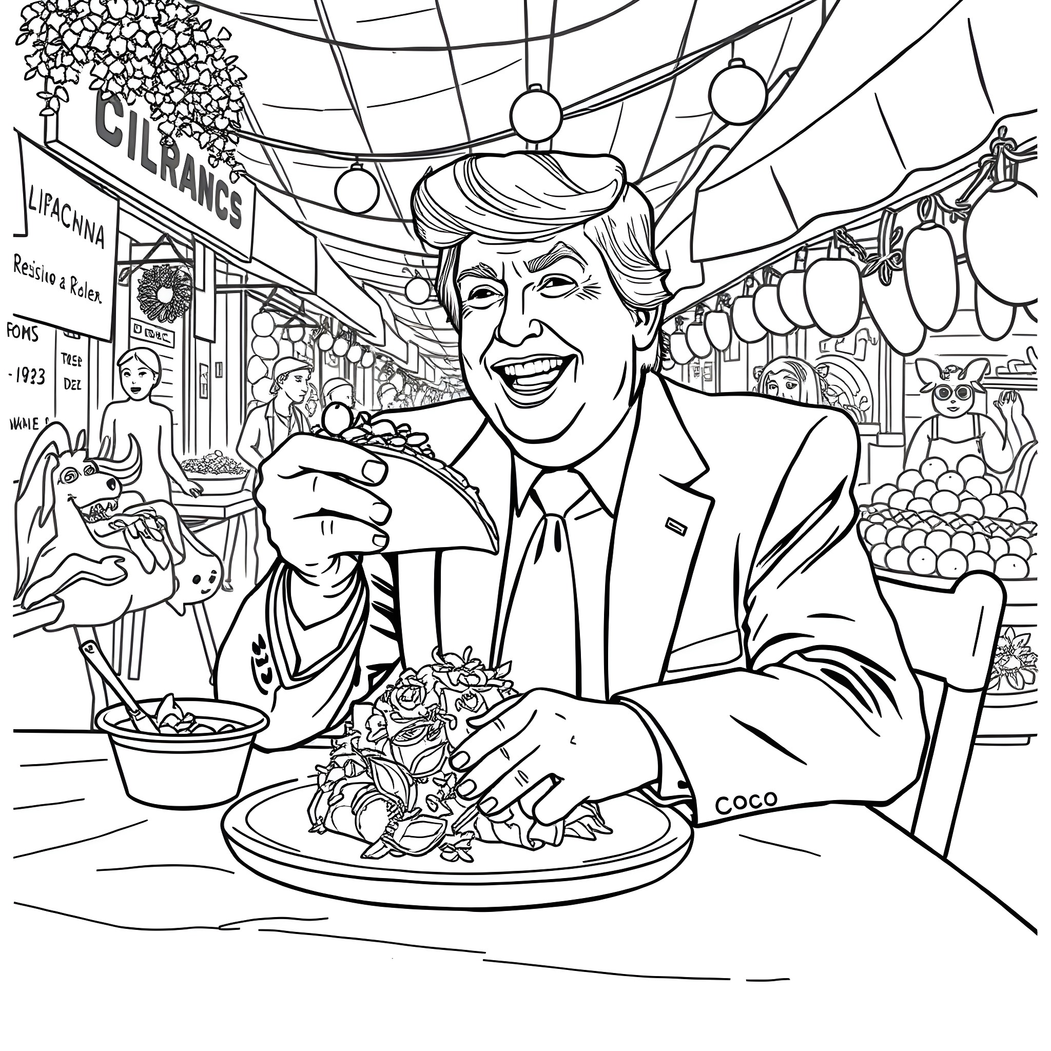 Donald Trump enjoying a lavish meal in a crowded marketplace Coloring Page (free black-and-white line drawing printable PDF for all, from beginners to advanced learners, including children, teens, adults, and seniors)