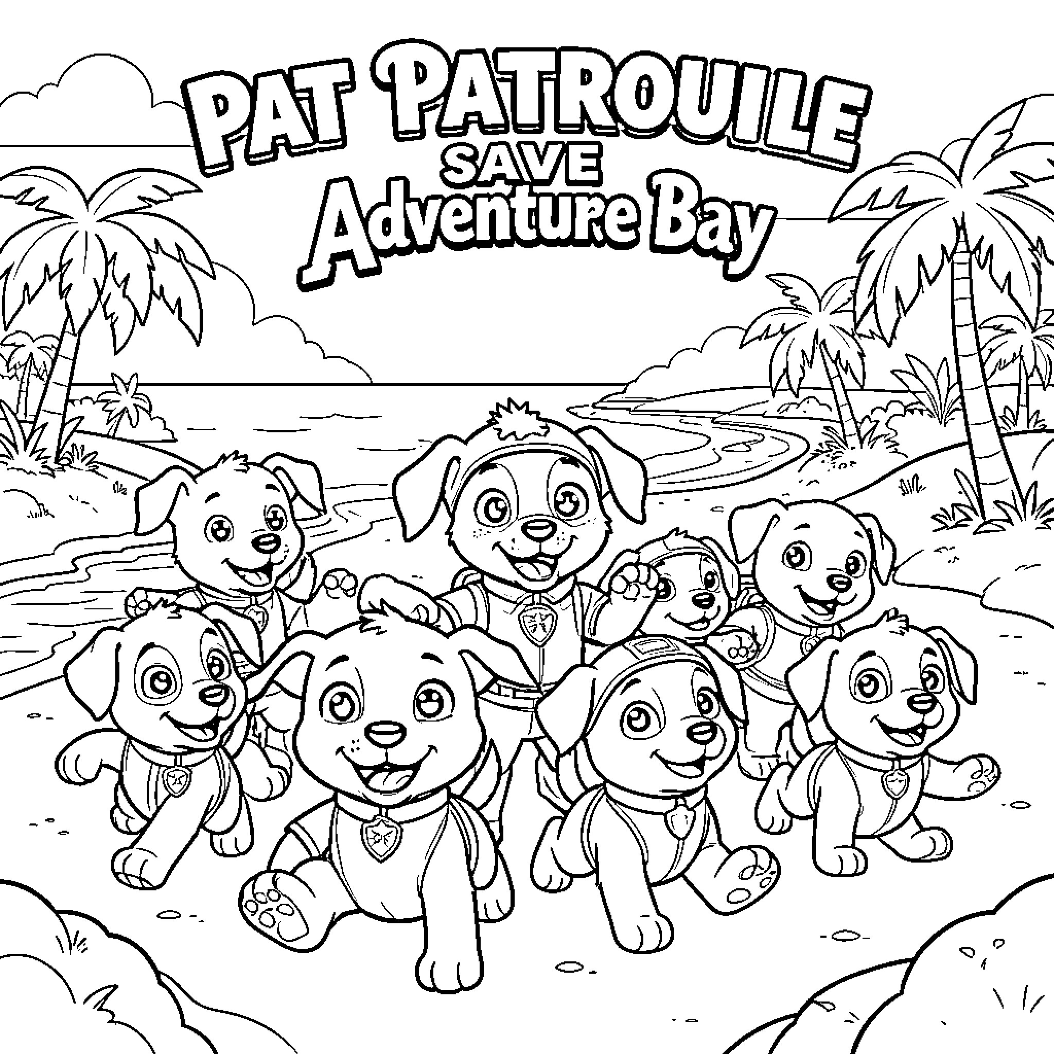 Paw Patrol pups celebrating together on a tropical beach Coloring Page (free black-and-white line drawing printable PDF for all, from beginners to advanced learners, including children, teens, adults, and seniors)