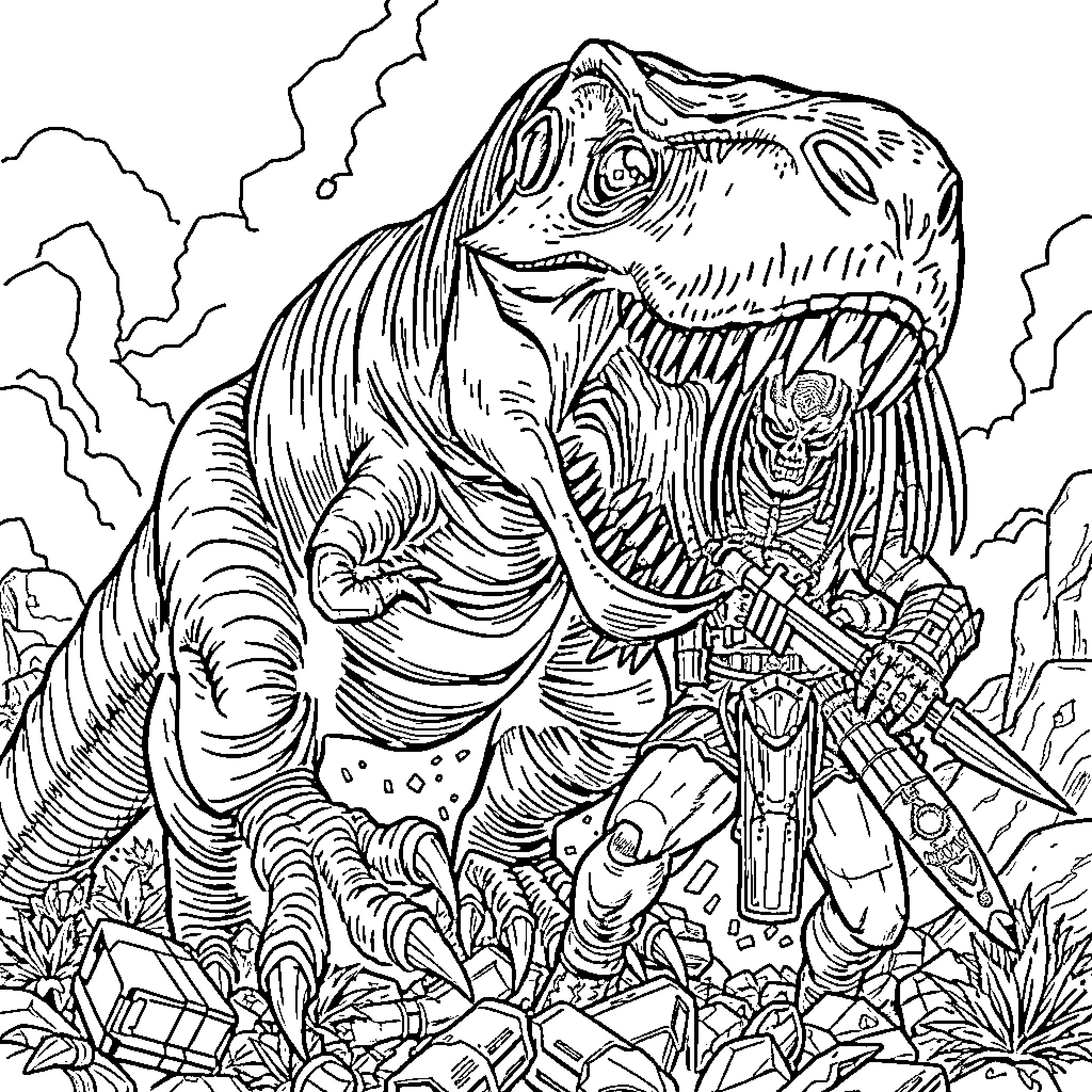 Indominus Rex Unleashing Destruction in Prehistoric Landscape Coloring Page (free black-and-white line drawing printable PDF for all, from beginners to advanced learners, including children, teens, adults, and seniors)