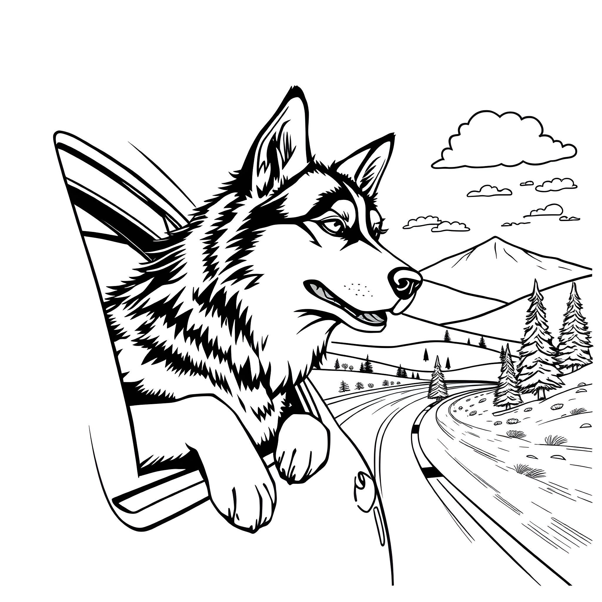 Husky hiking on a scenic mountain trail Coloring Page (free black-and-white line drawing printable PDF for all, from beginners to advanced learners, including children, teens, adults, and seniors)