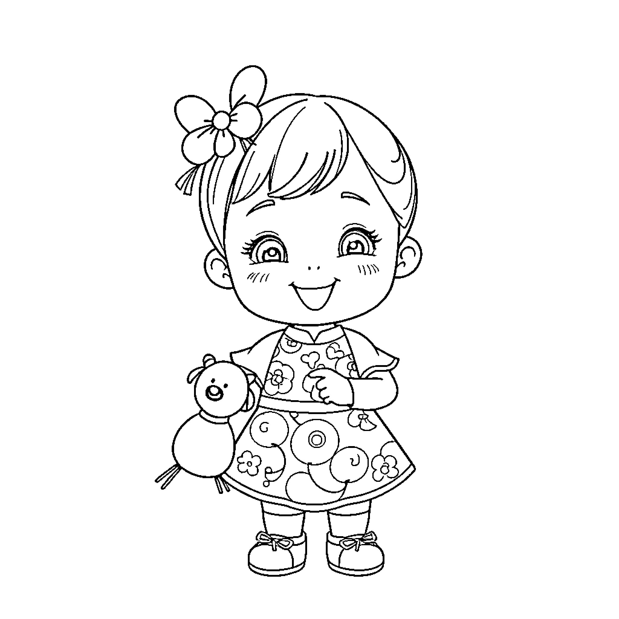 Girl playing happily with toy Coloring Page (free black-and-white line drawing printable PDF for all, from beginners to advanced learners, including children, teens, adults, and seniors)