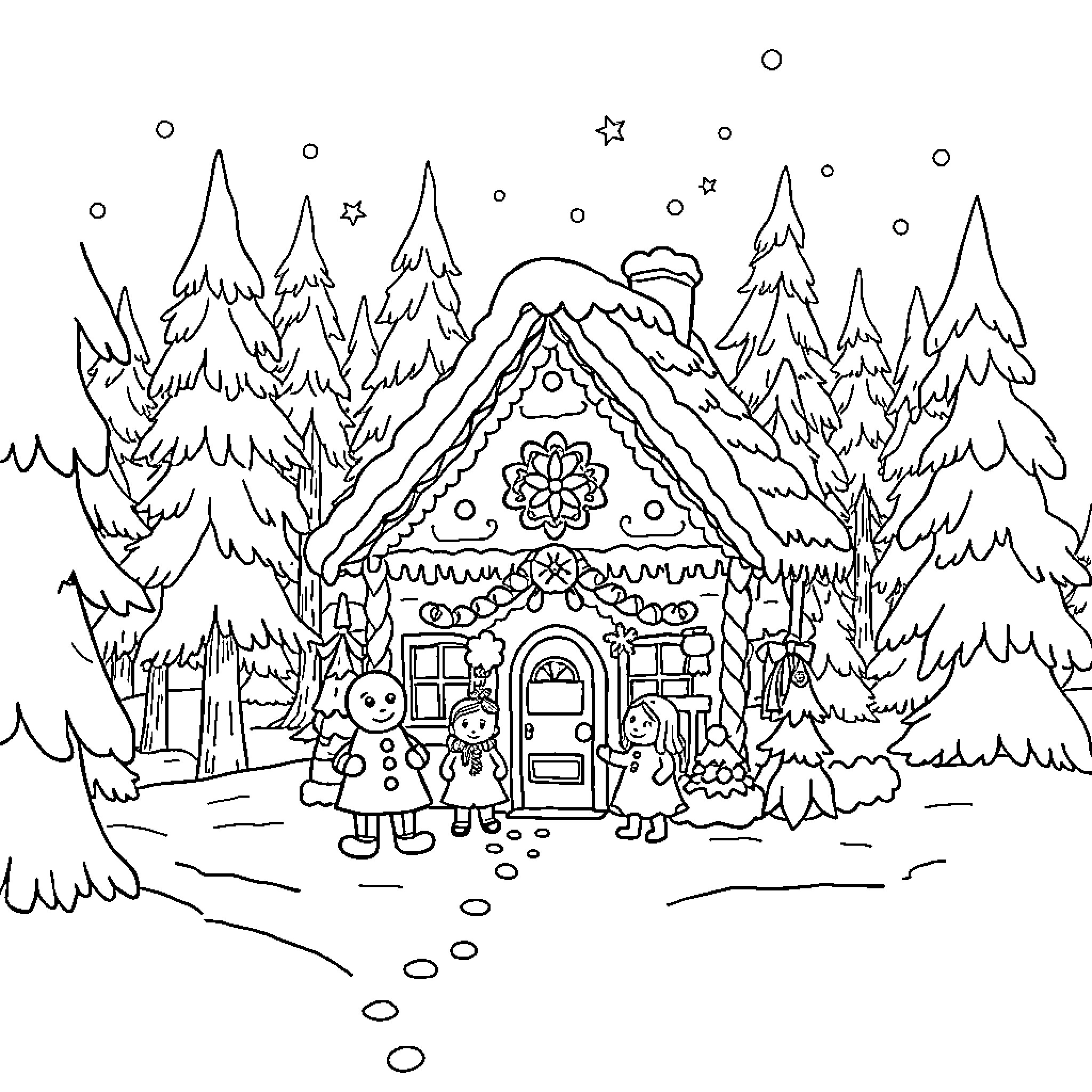 Gingerbread House with Families in Winter Wonderland Coloring Page (free black-and-white line drawing printable PDF for all, from beginners to advanced learners, including children, teens, adults, and seniors)