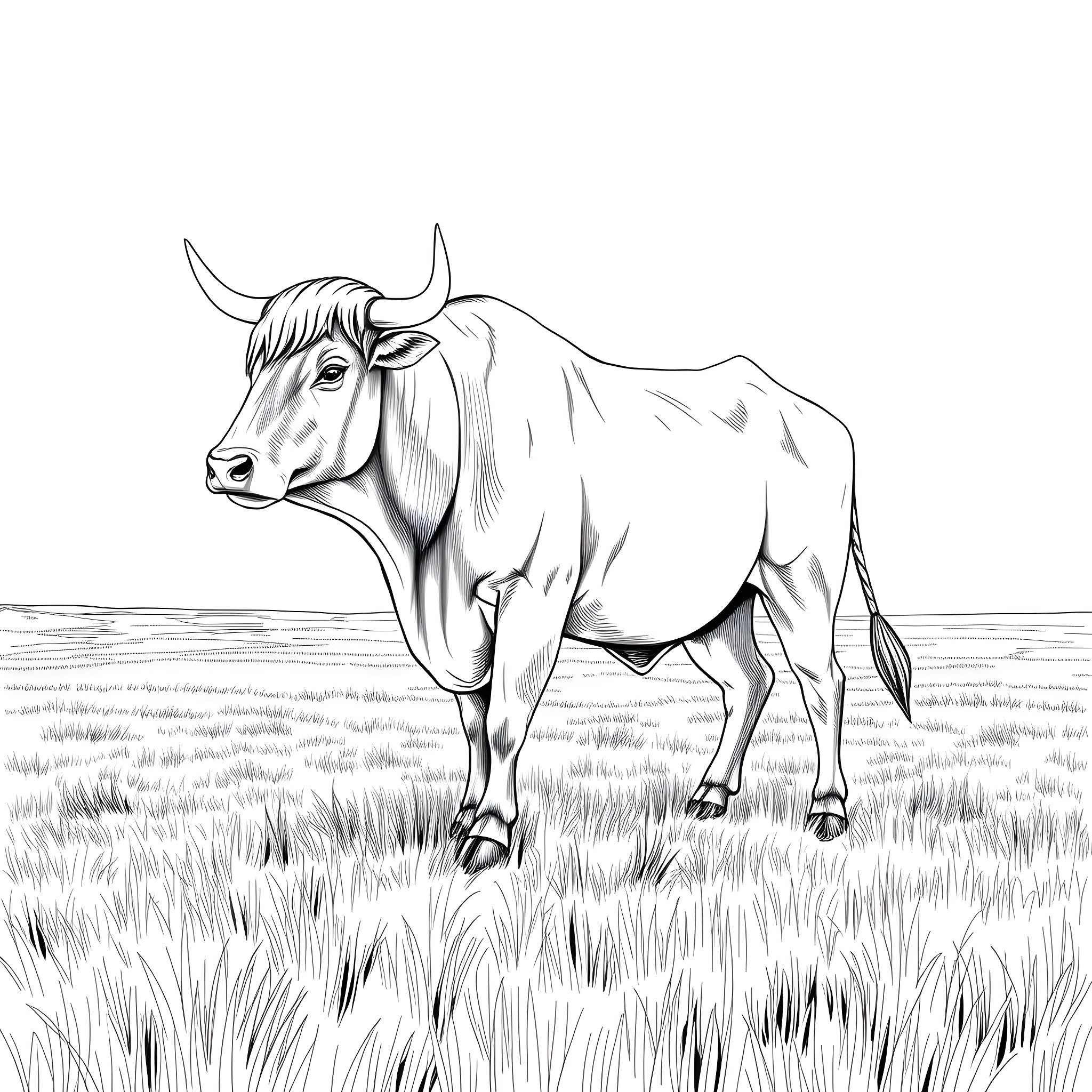 Bovinae standing calmly in the grassy field Coloring Page (free black-and-white line drawing printable PDF for all, from beginners to advanced learners, including children, teens, adults, and seniors)