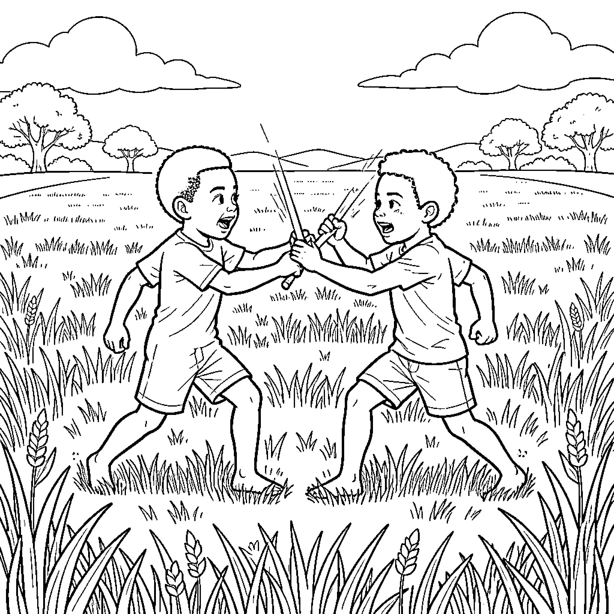 Enfant playing sword fighting in a grassy field Coloring Page (free black-and-white line drawing printable PDF for all, from beginners to advanced learners, including children, teens, adults, and seniors)