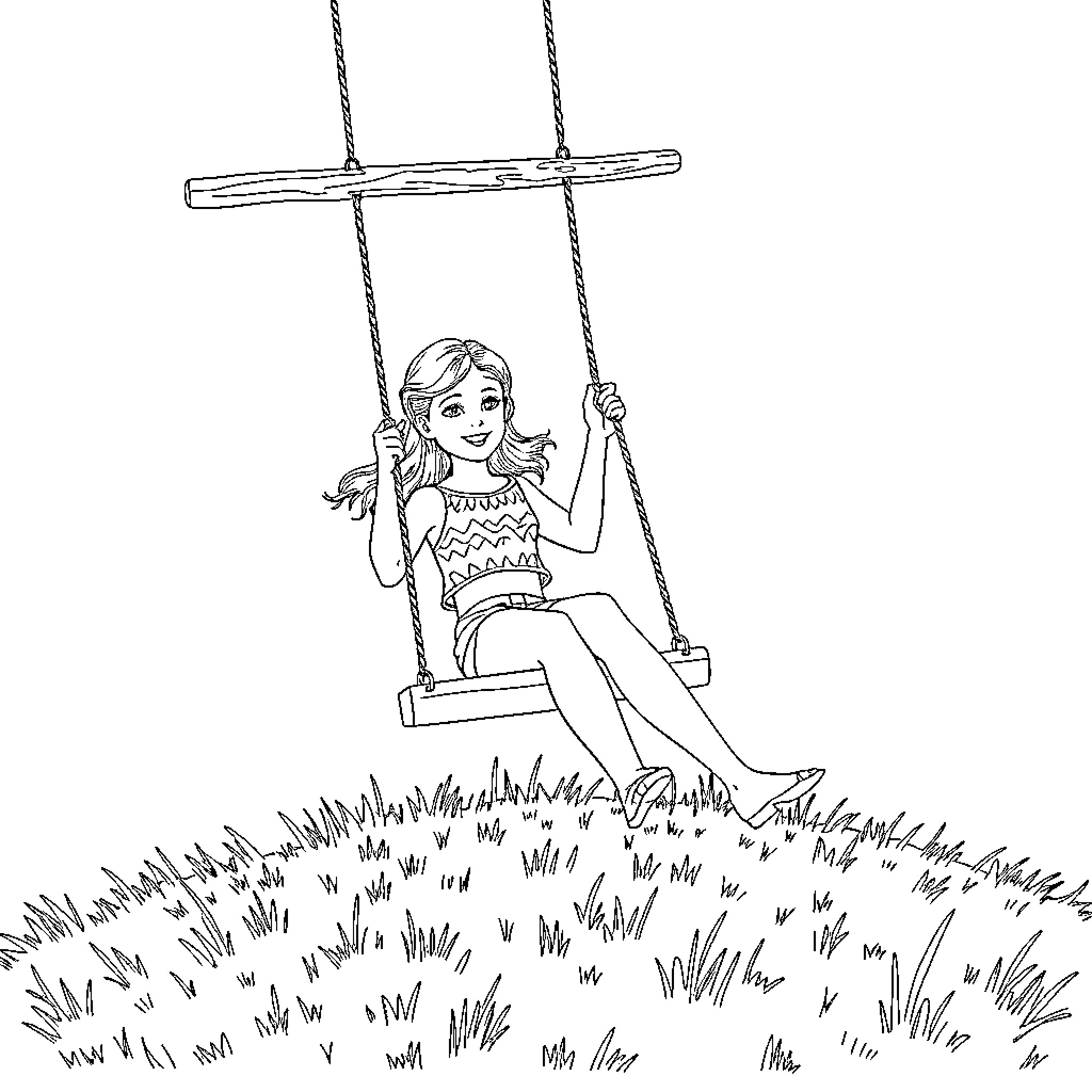 Girl enjoying a peaceful swing in nature Coloring Page (free black-and-white line drawing printable PDF for all, from beginners to advanced learners, including children, teens, adults, and seniors)