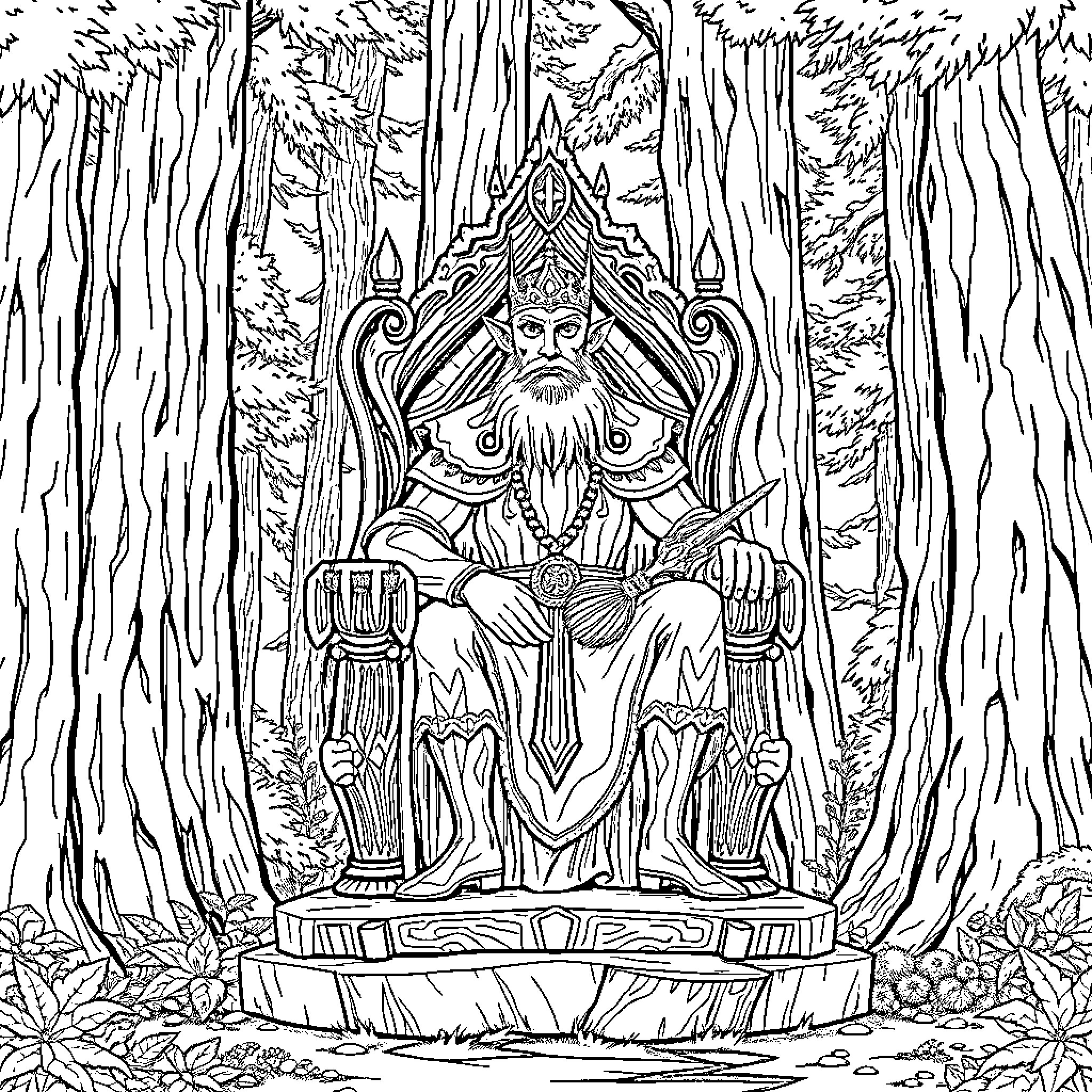 King Enthroned in Enchanted Forest Coloring Page (free black-and-white line drawing printable PDF for all, from beginners to advanced learners, including children, teens, adults, and seniors)