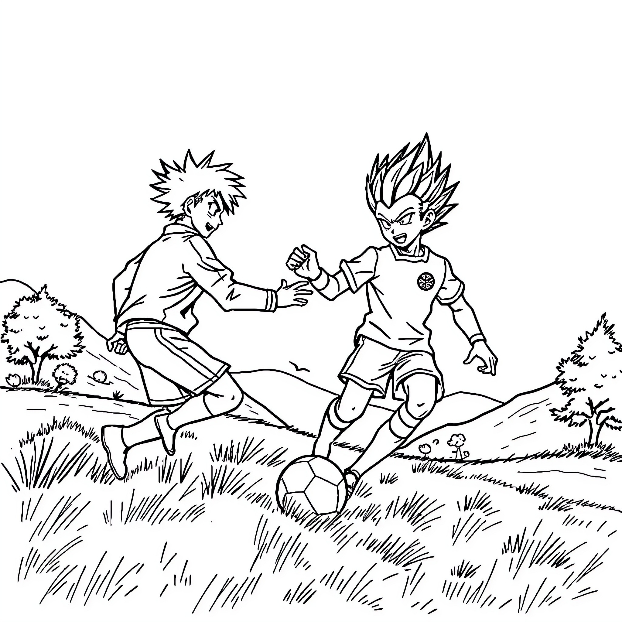 Son Goku playing soccer with friends in the park Coloring Page (free black-and-white line drawing printable PDF for all, from beginners to advanced learners, including children, teens, adults, and seniors)