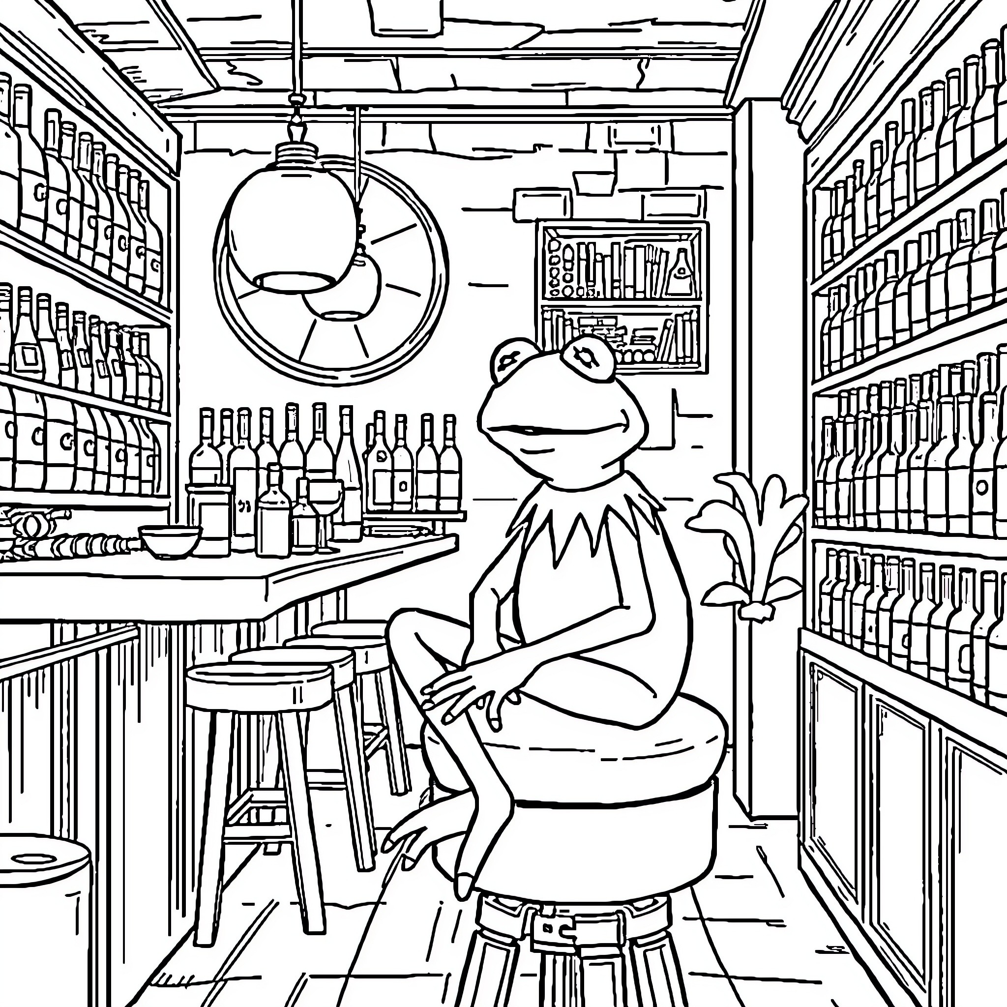 Kermit enjoying a night at the local tavern Coloring Page (free black-and-white line drawing printable PDF for all, from beginners to advanced learners, including children, teens, adults, and seniors)