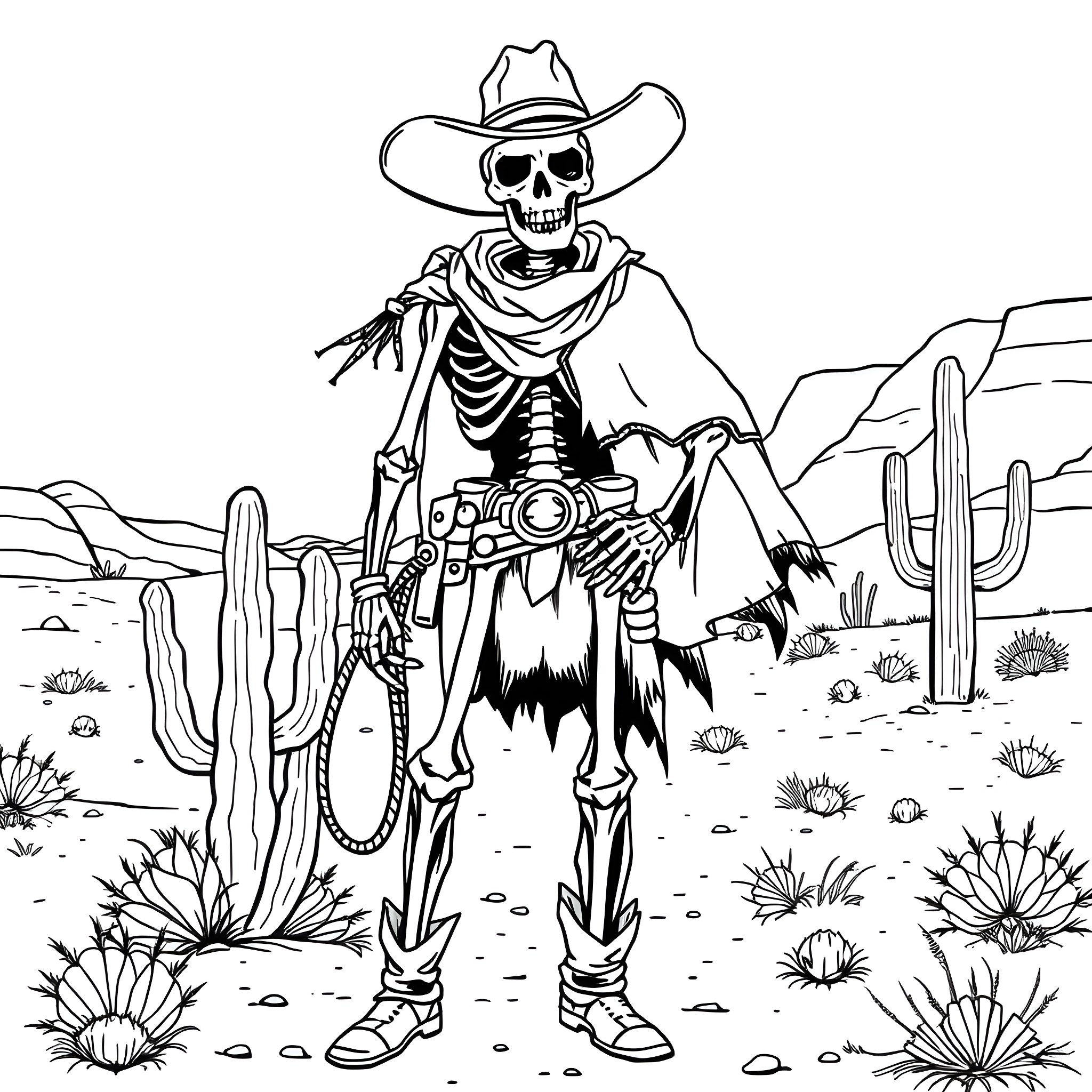 Skeleton Cowboy Standing Tall in the Desert Landscape Coloring Page (free black-and-white line drawing printable PDF for all, from beginners to advanced learners, including children, teens, adults, and seniors)