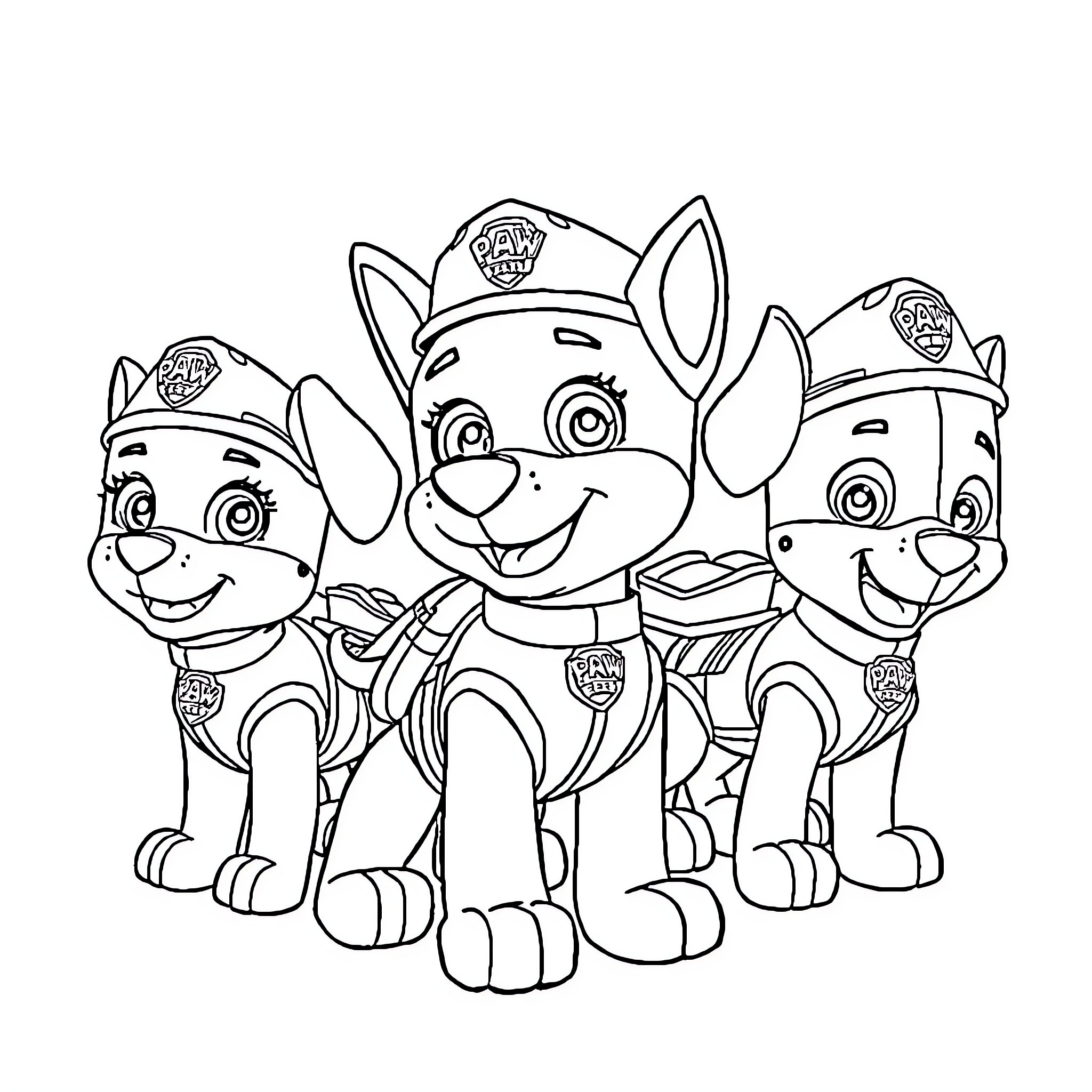 Paw Patrol puppies in uniform and gear Coloring Page (free black-and-white line drawing printable PDF for all, from beginners to advanced learners, including children, teens, adults, and seniors)