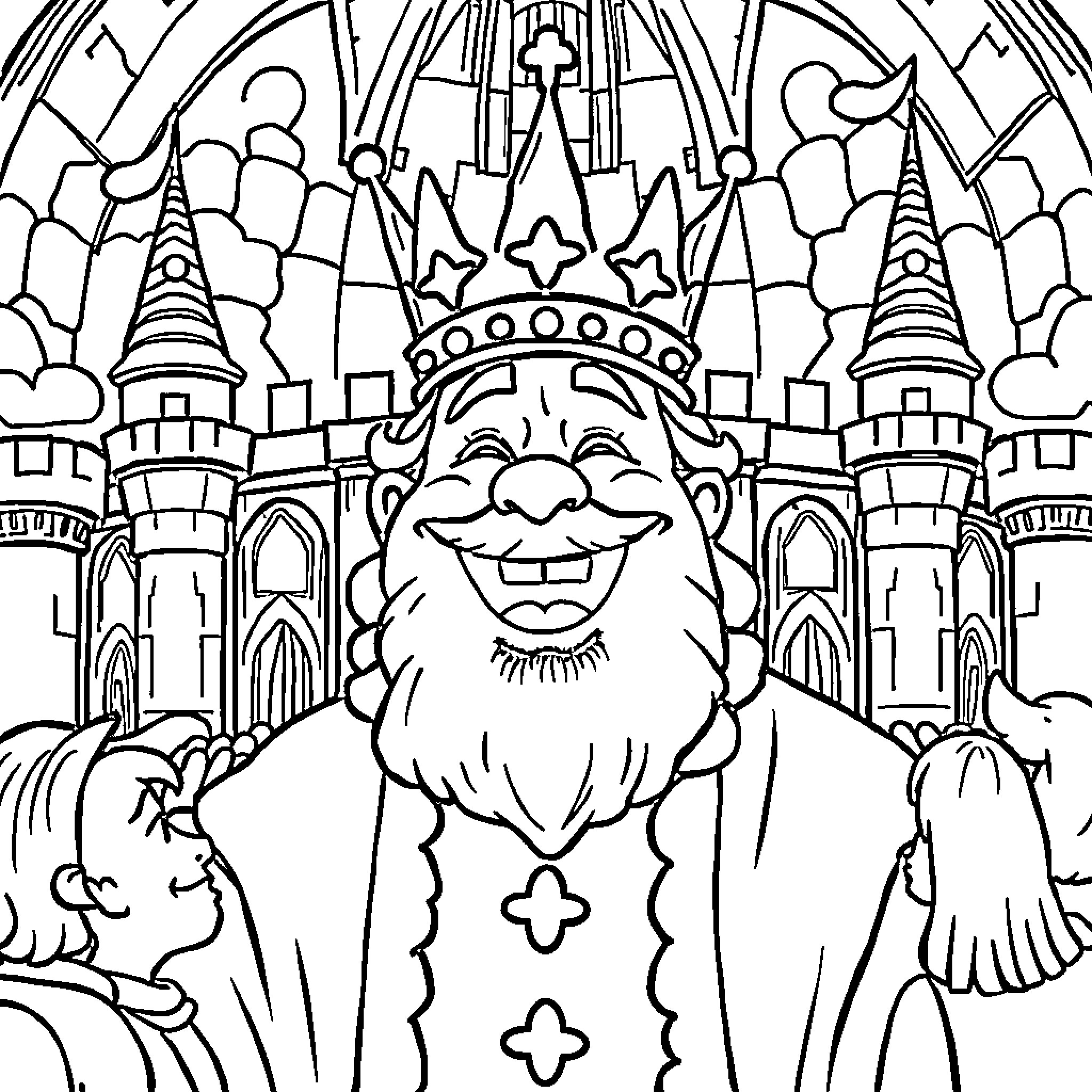 King Ruling Over His Magical Kingdom Coloring Page (free black-and-white line drawing printable PDF for all, from beginners to advanced learners, including children, teens, adults, and seniors)