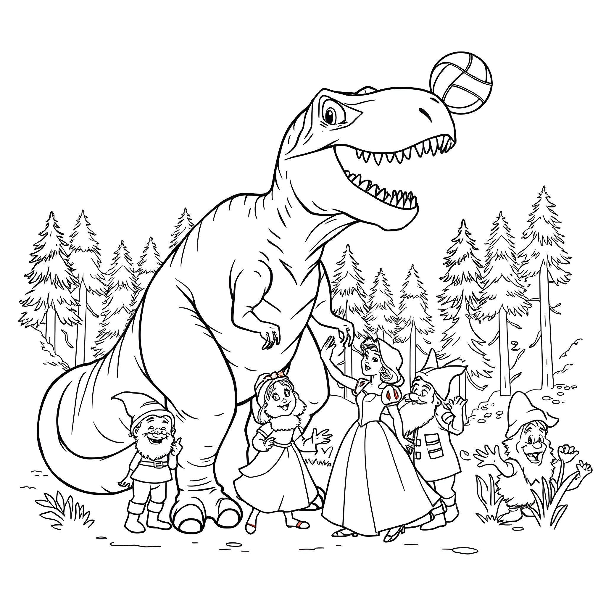 Tyrannosaurus Rex and Friends Explore the Wilderness Coloring Page (free black-and-white line drawing printable PDF for all, from beginners to advanced learners, including children, teens, adults, and seniors)