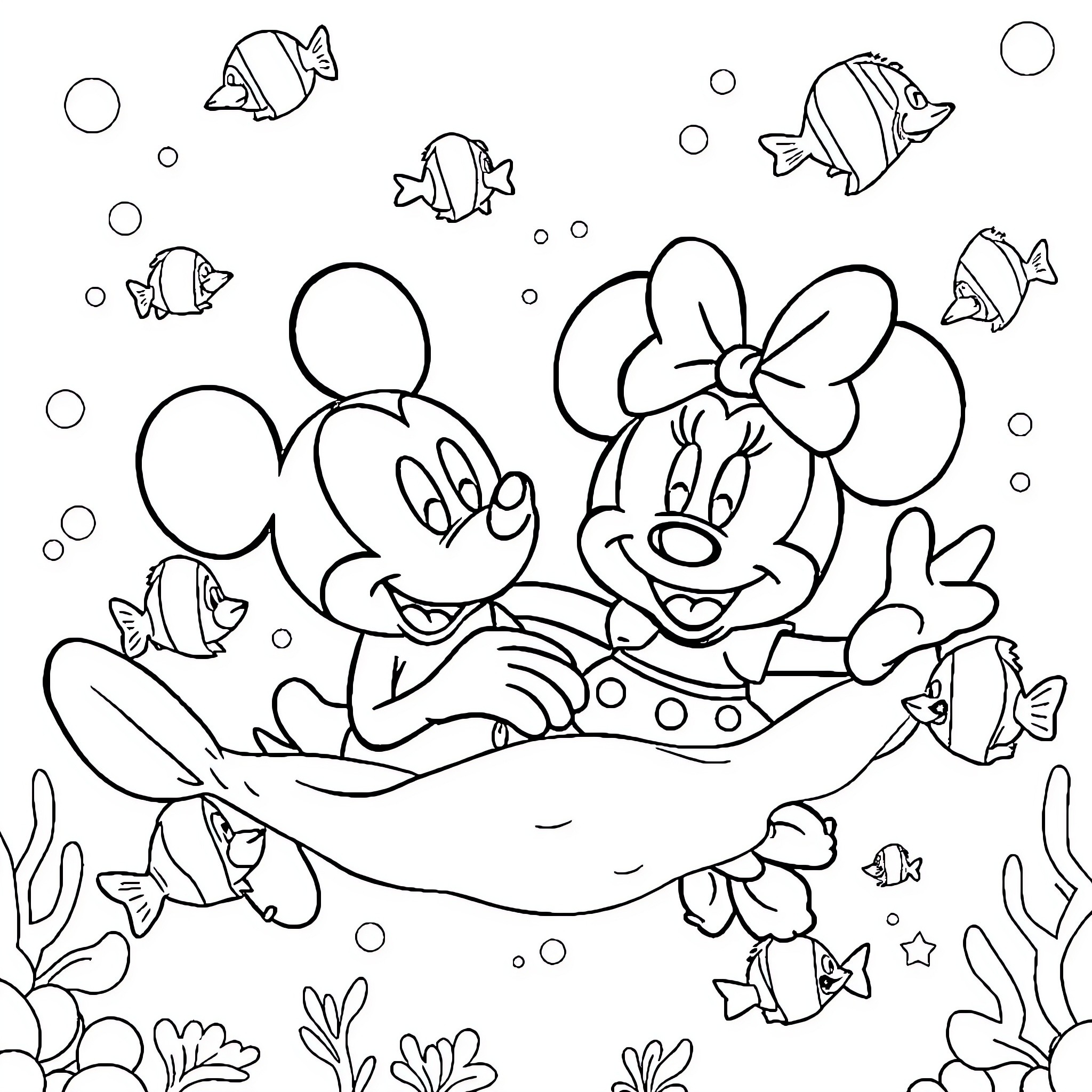 Mickey and Minnie enjoying underwater adventure with marine life Coloring Page (free black-and-white line drawing printable PDF for all, from beginners to advanced learners, including children, teens, adults, and seniors)