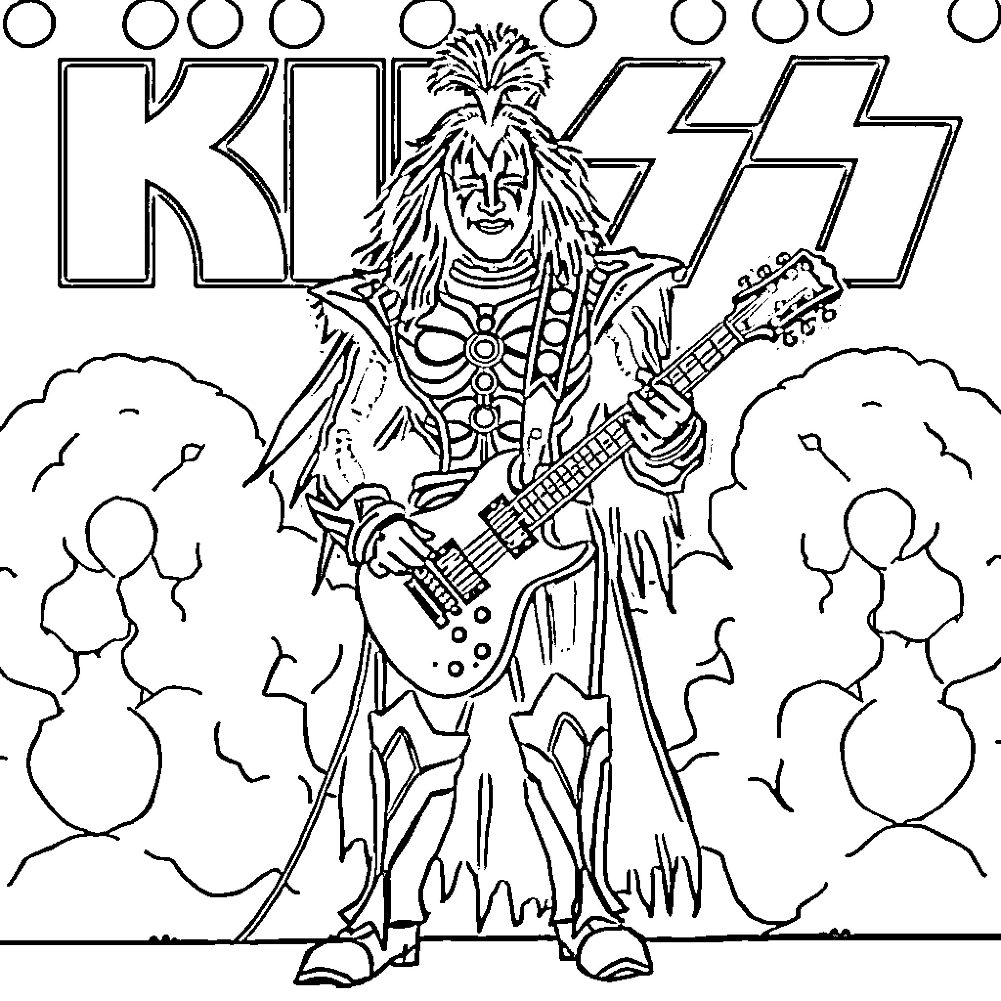 Ace Frehley performing on stage with KISS band attire Coloring Page (free black-and-white line drawing printable PDF for all, from beginners to advanced learners, including children, teens, adults, and seniors)