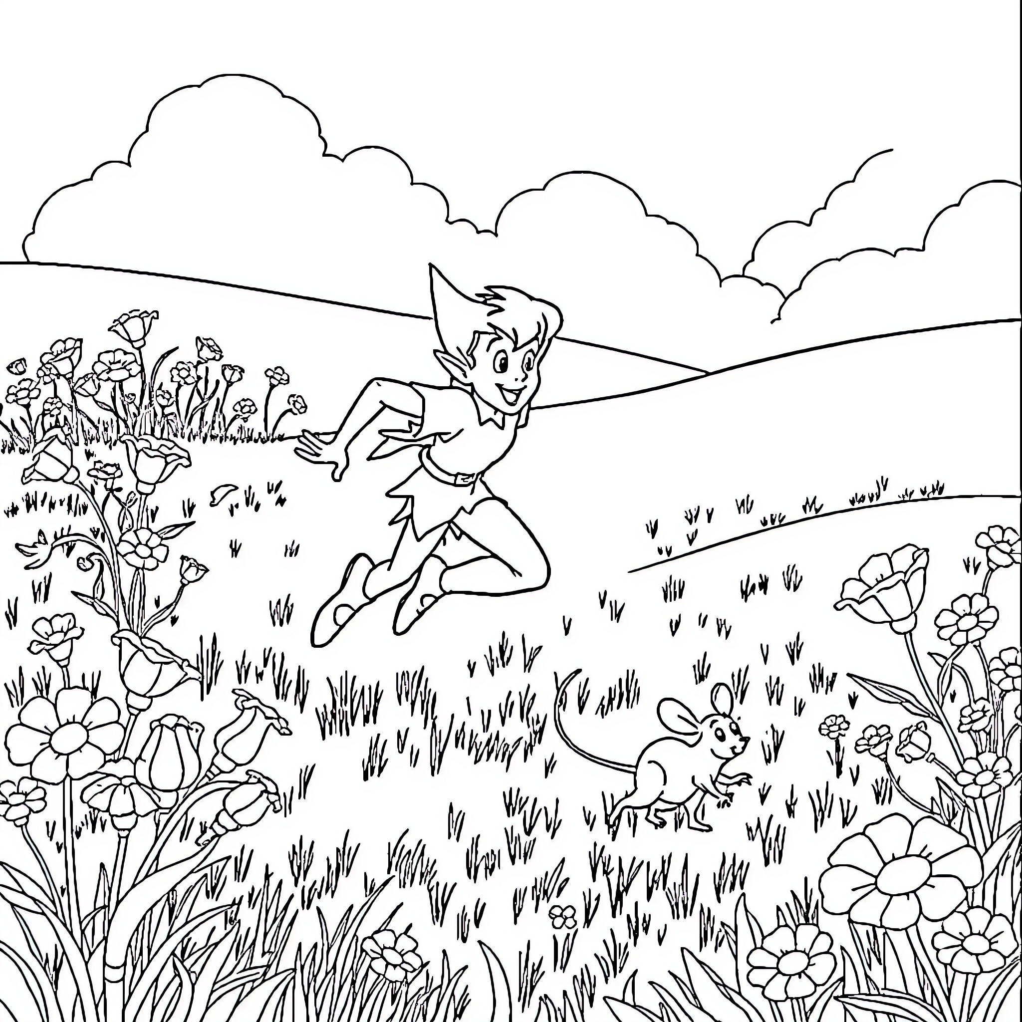 Peter Pan playfully running through a flower-filled meadow Coloring Page (free black-and-white line drawing printable PDF for all, from beginners to advanced learners, including children, teens, adults, and seniors)