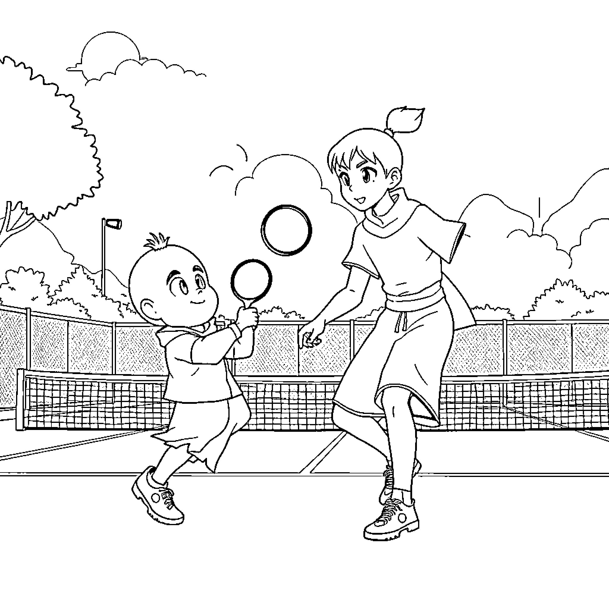 Zuko playing tennis with a friend on the court Coloring Page (free black-and-white line drawing printable PDF for all, from beginners to advanced learners, including children, teens, adults, and seniors)