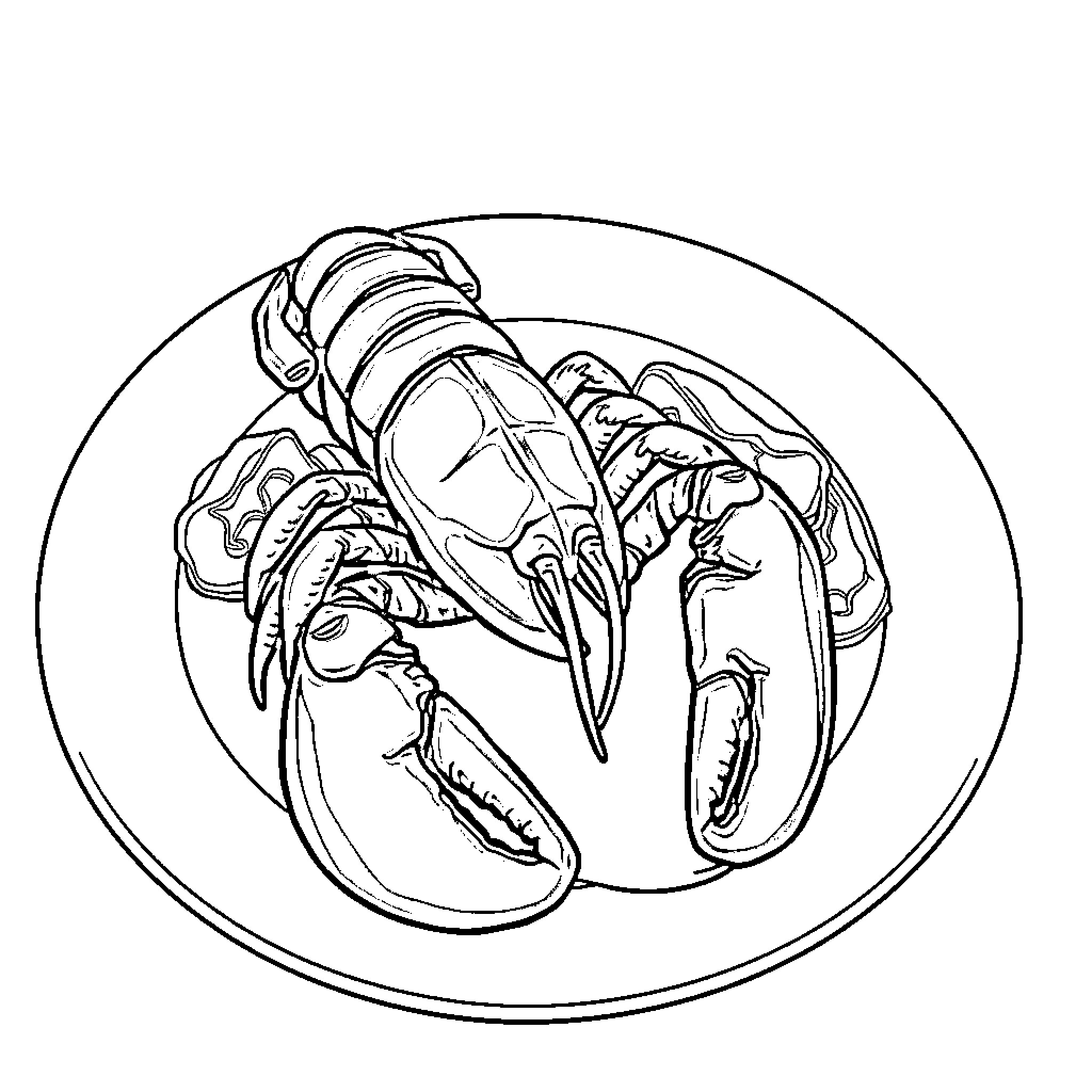 Lobster serving seafood cuisine on a plate Coloring Page (free black-and-white line drawing printable PDF for all, from beginners to advanced learners, including children, teens, adults, and seniors)