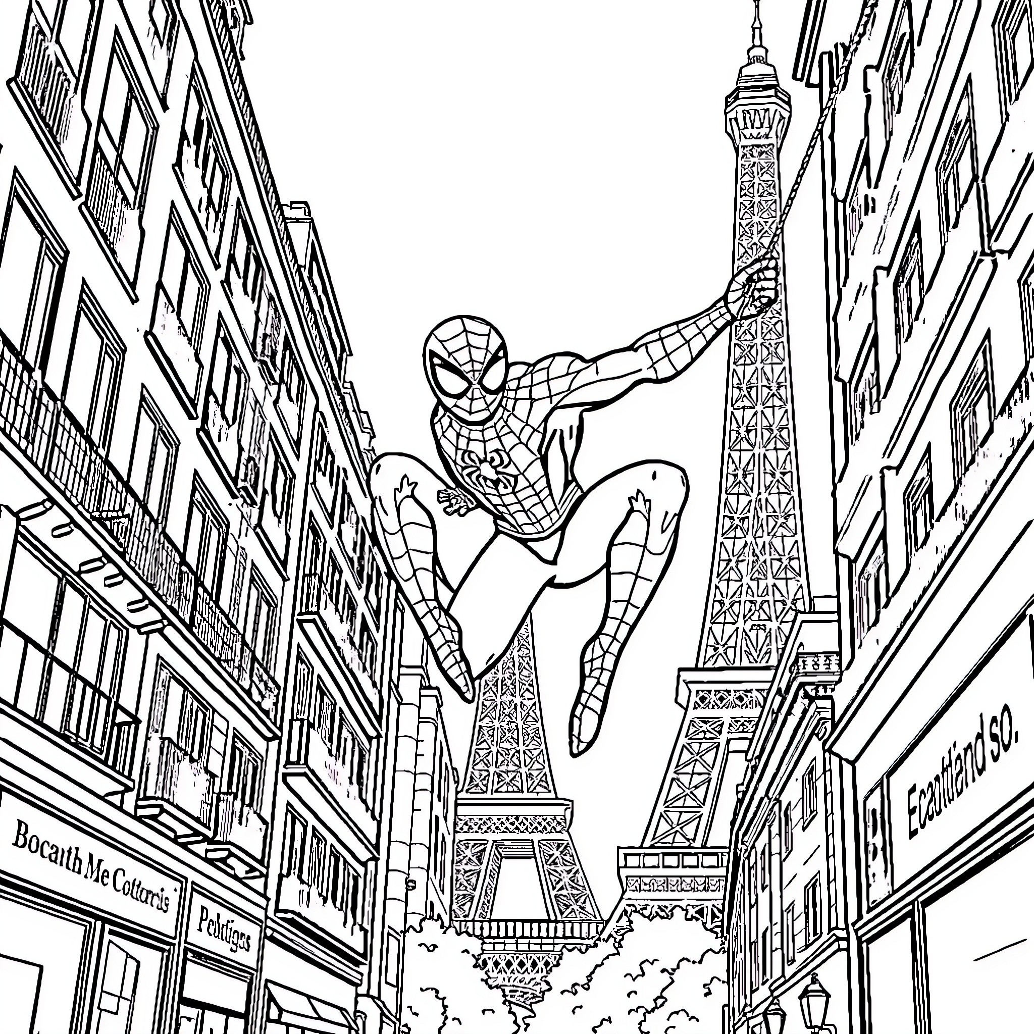 Spiderman swinging through the streets of Paris Coloring Page (free black-and-white line drawing printable PDF for all, from beginners to advanced learners, including children, teens, adults, and seniors)