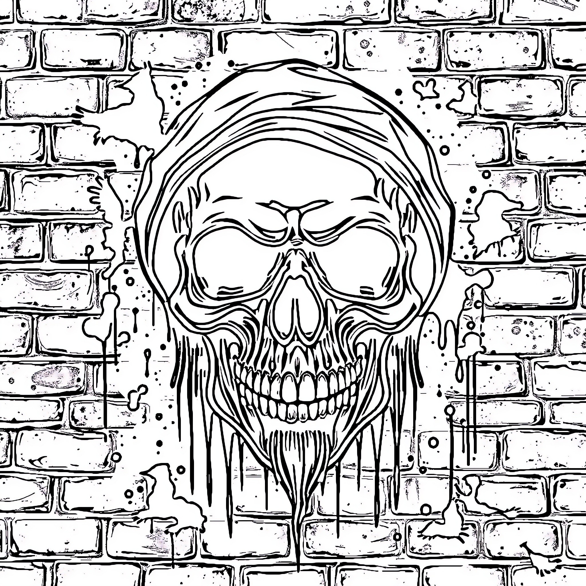 Gangster Skull on Distressed Brick Wall Coloring Page (free black-and-white line drawing printable PDF for all, from beginners to advanced learners, including children, teens, adults, and seniors)