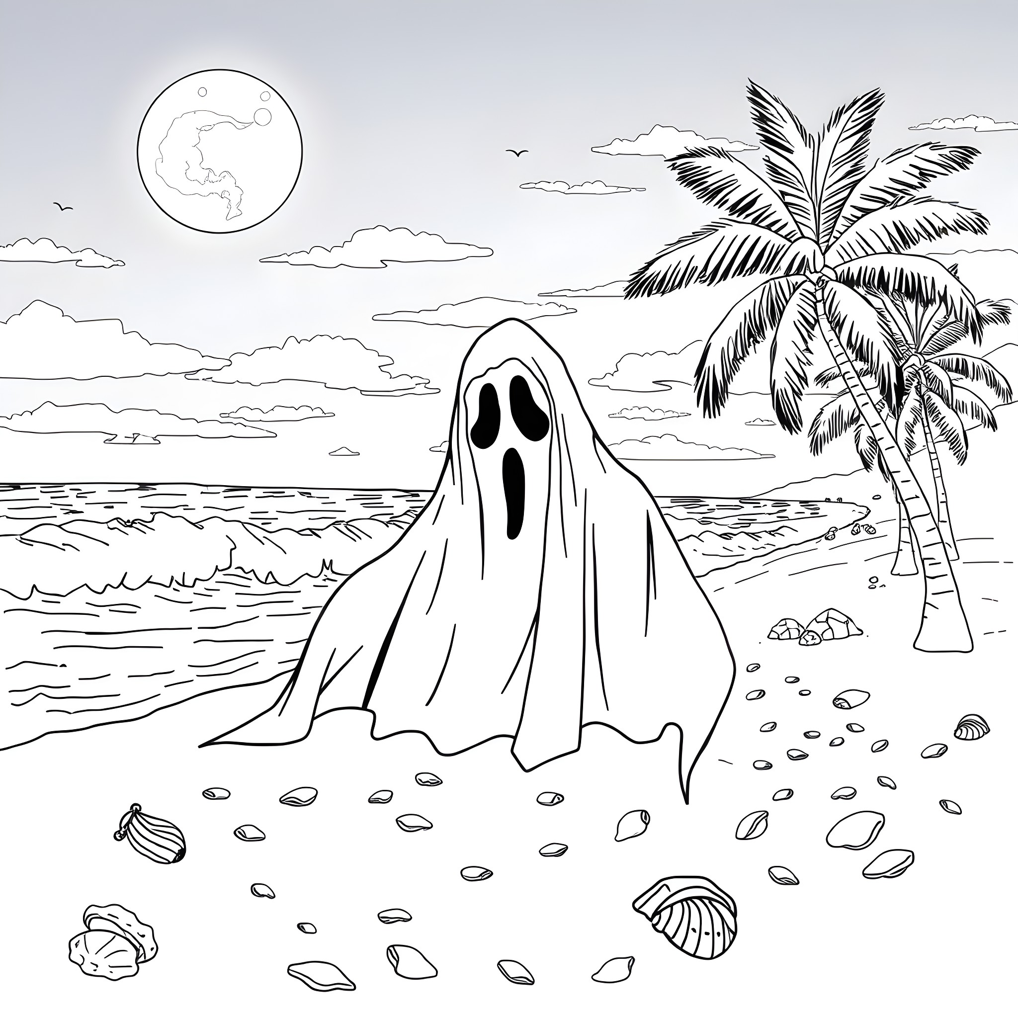Ghostface enjoying a spooky stroll on the beach Coloring Page (free black-and-white line drawing printable PDF for all, from beginners to advanced learners, including children, teens, adults, and seniors)