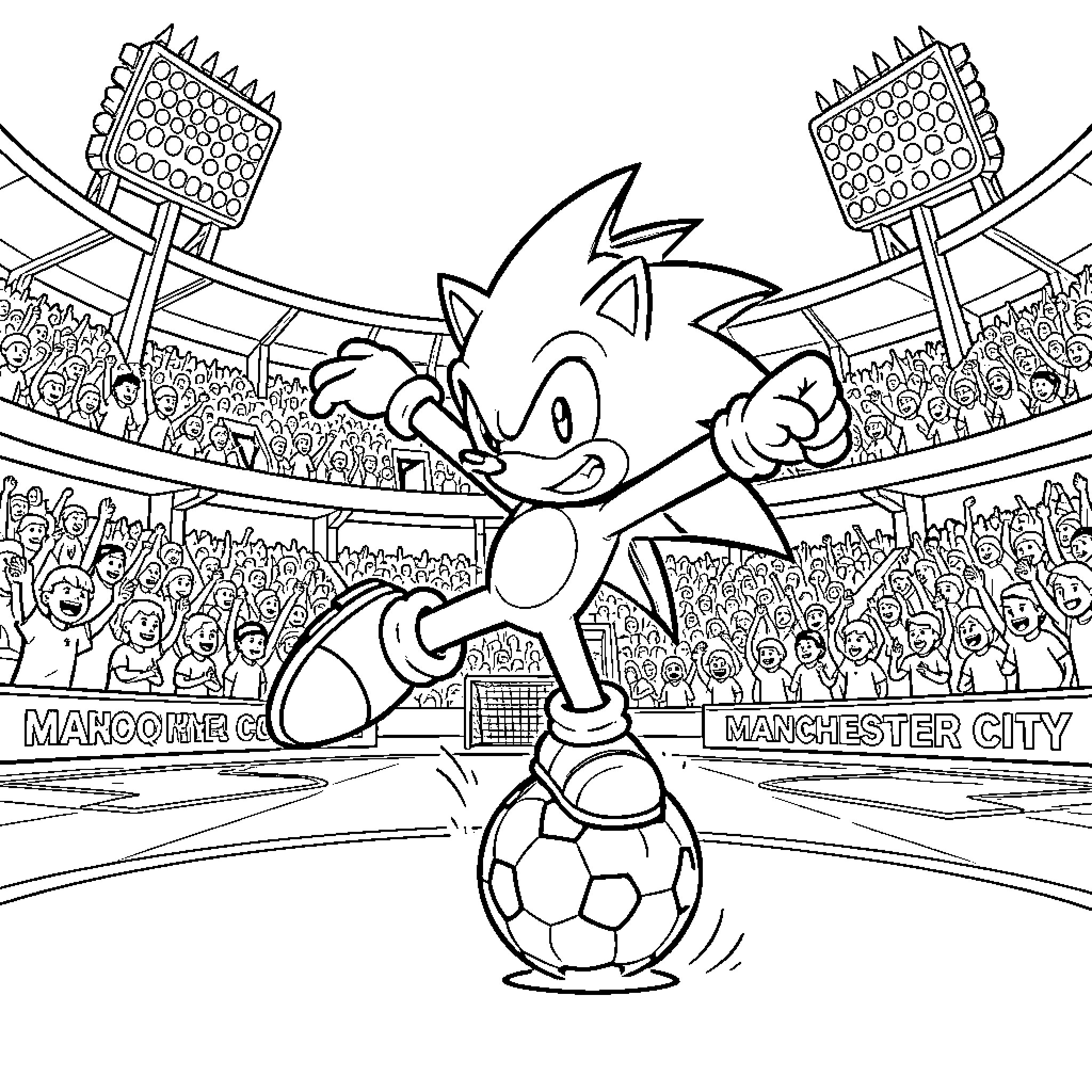 Sonic playing soccer in a crowded stadium Coloring Page (free black-and-white line drawing printable PDF for all, from beginners to advanced learners, including children, teens, adults, and seniors)
