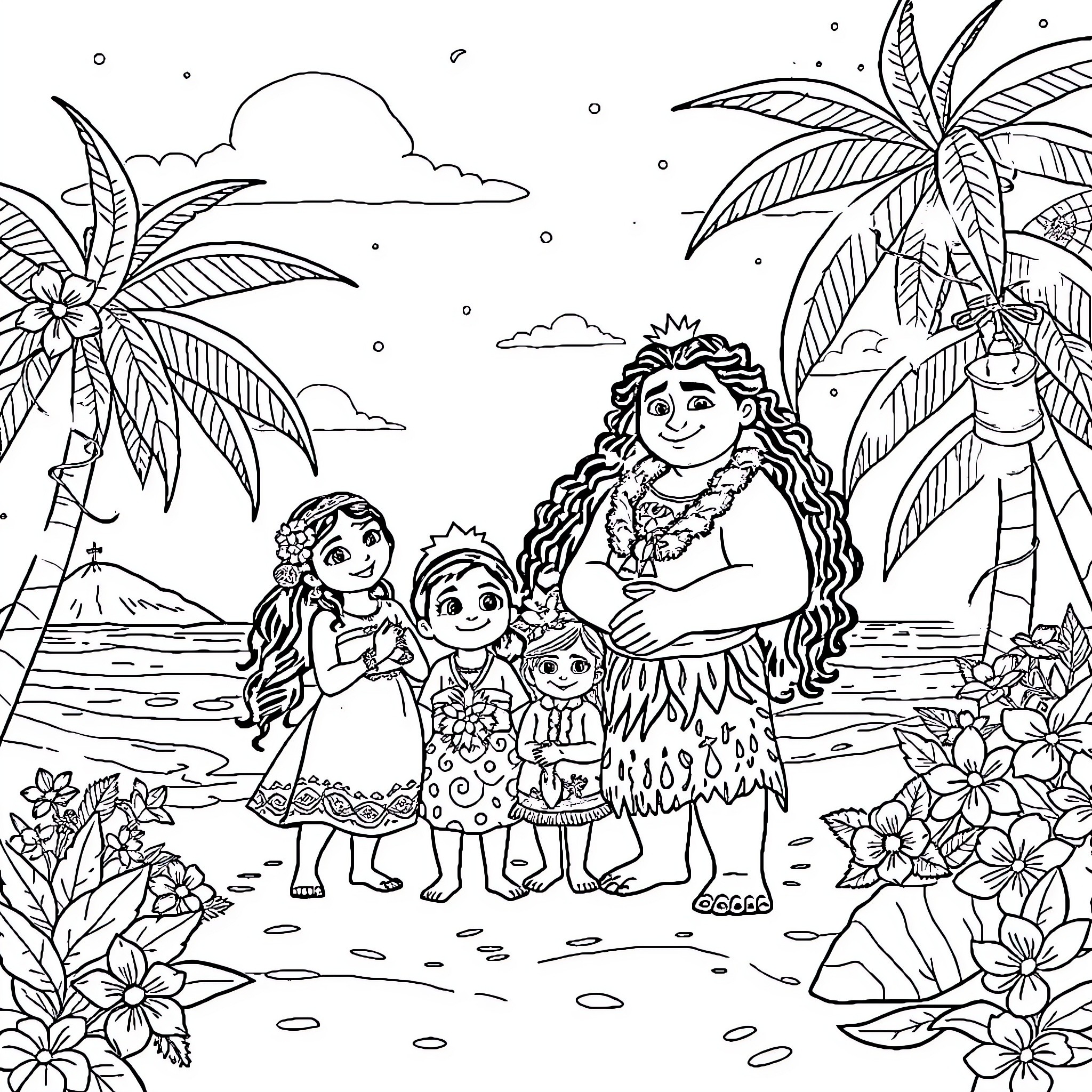 Moana enjoying Hawaiian island with family Coloring Page (free black-and-white line drawing printable PDF for all, from beginners to advanced learners, including children, teens, adults, and seniors)
