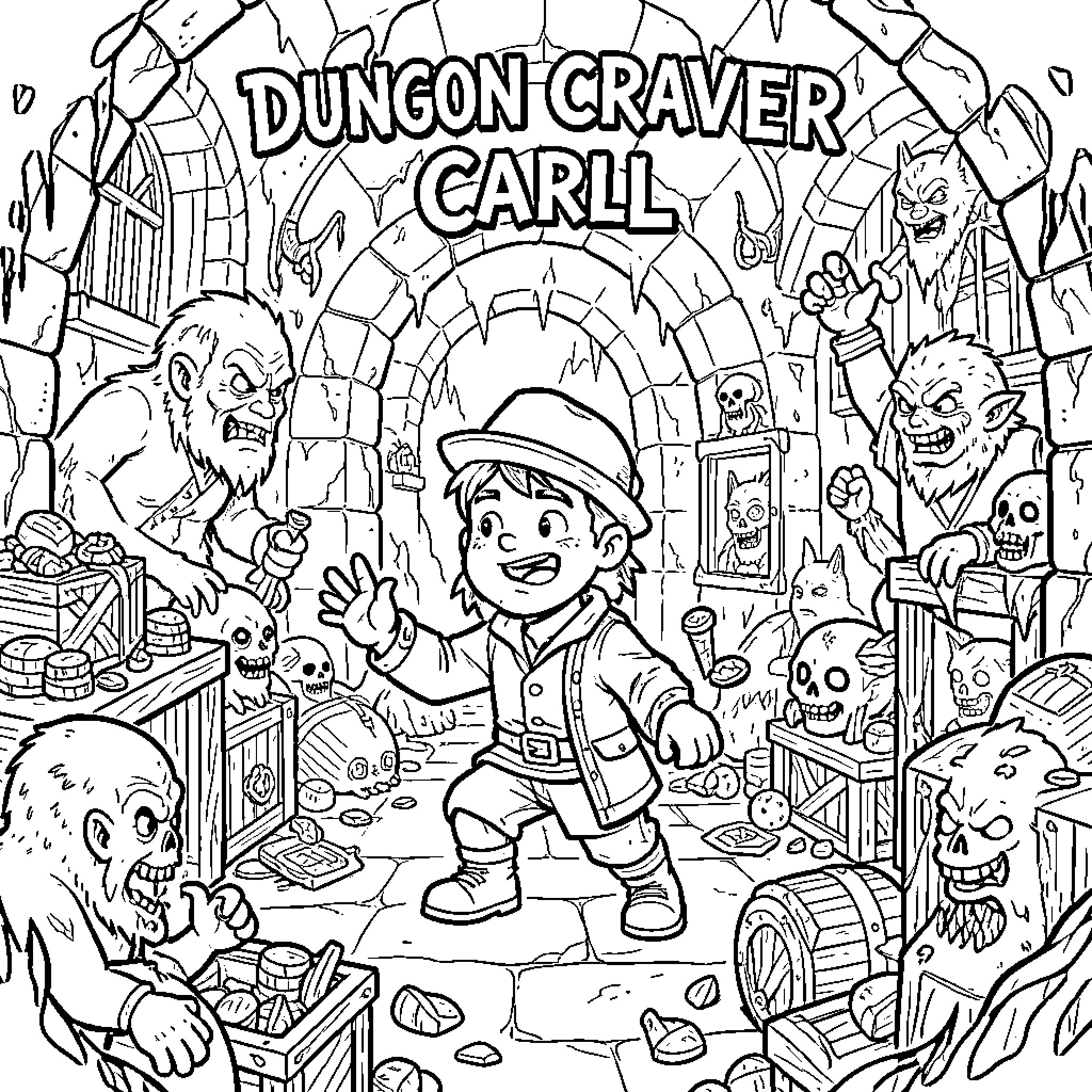 Dungeon Crawler Carl explores a spooky underground cavern Coloring Page (free black-and-white line drawing printable PDF for all, from beginners to advanced learners, including children, teens, adults, and seniors)