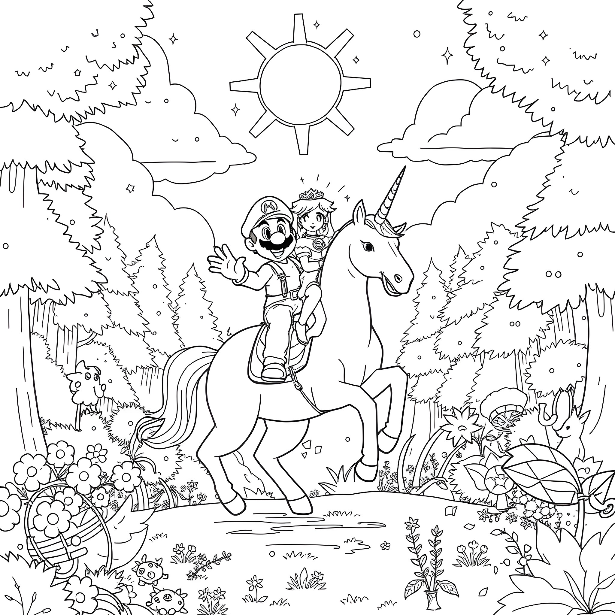 Mario's Enchanted Unicorn Adventure Coloring Page (free black-and-white line drawing printable PDF for all, from beginners to advanced learners, including children, teens, adults, and seniors)