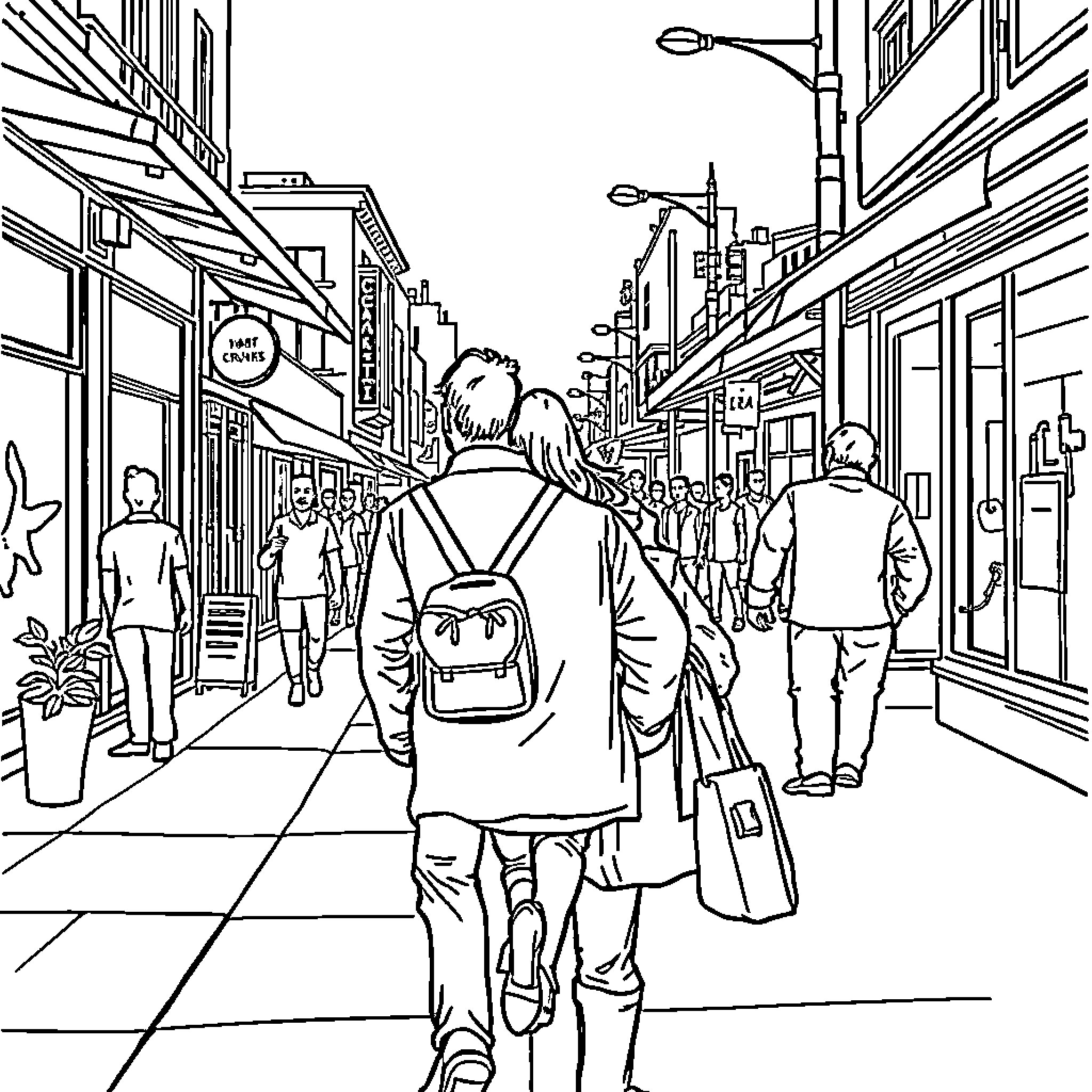 Man walking through bustling city street Coloring Page (free black-and-white line drawing printable PDF for all, from beginners to advanced learners, including children, teens, adults, and seniors)