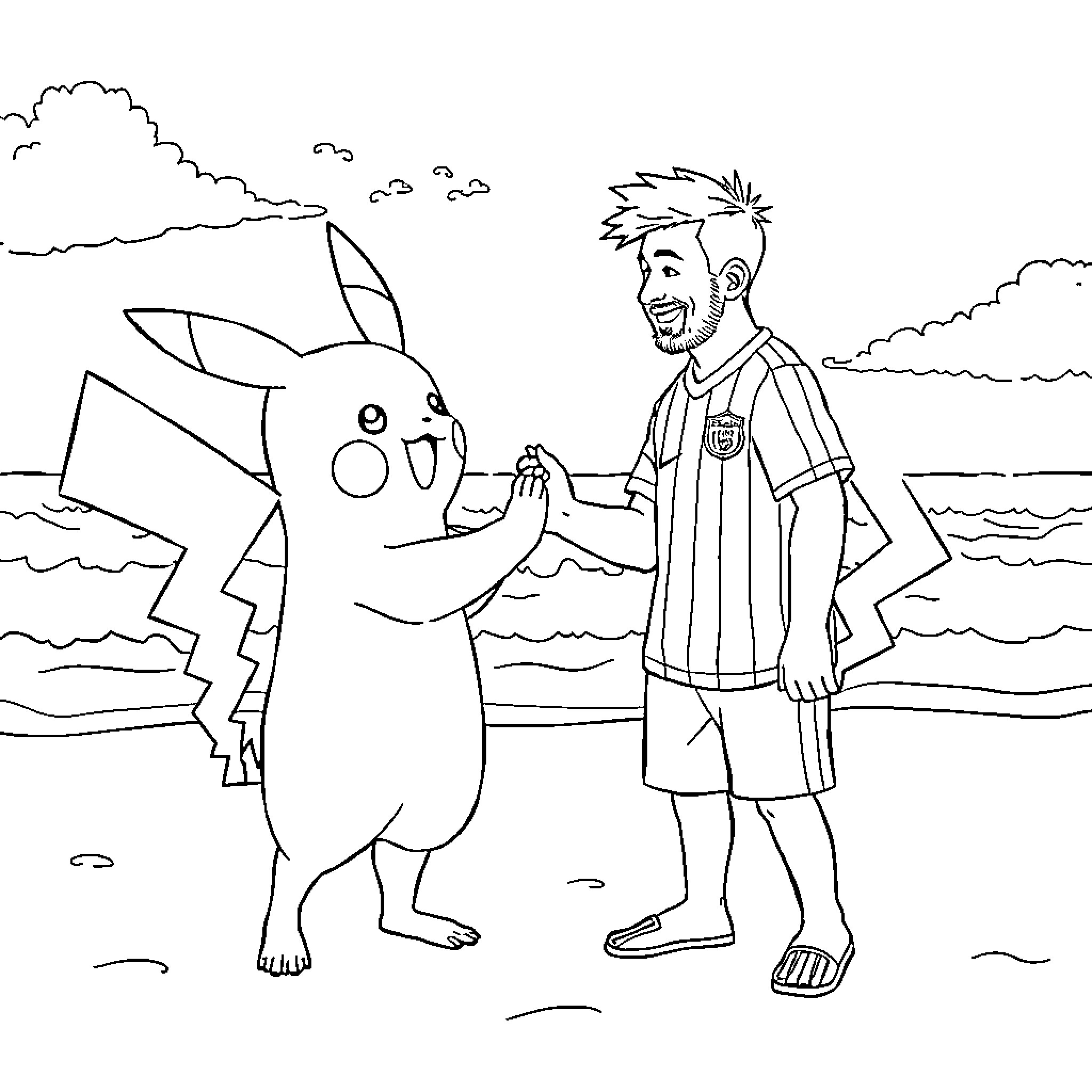 Messi interacting playfully with Pikachu on the beach Coloring Page (free black-and-white line drawing printable PDF for all, from beginners to advanced learners, including children, teens, adults, and seniors)