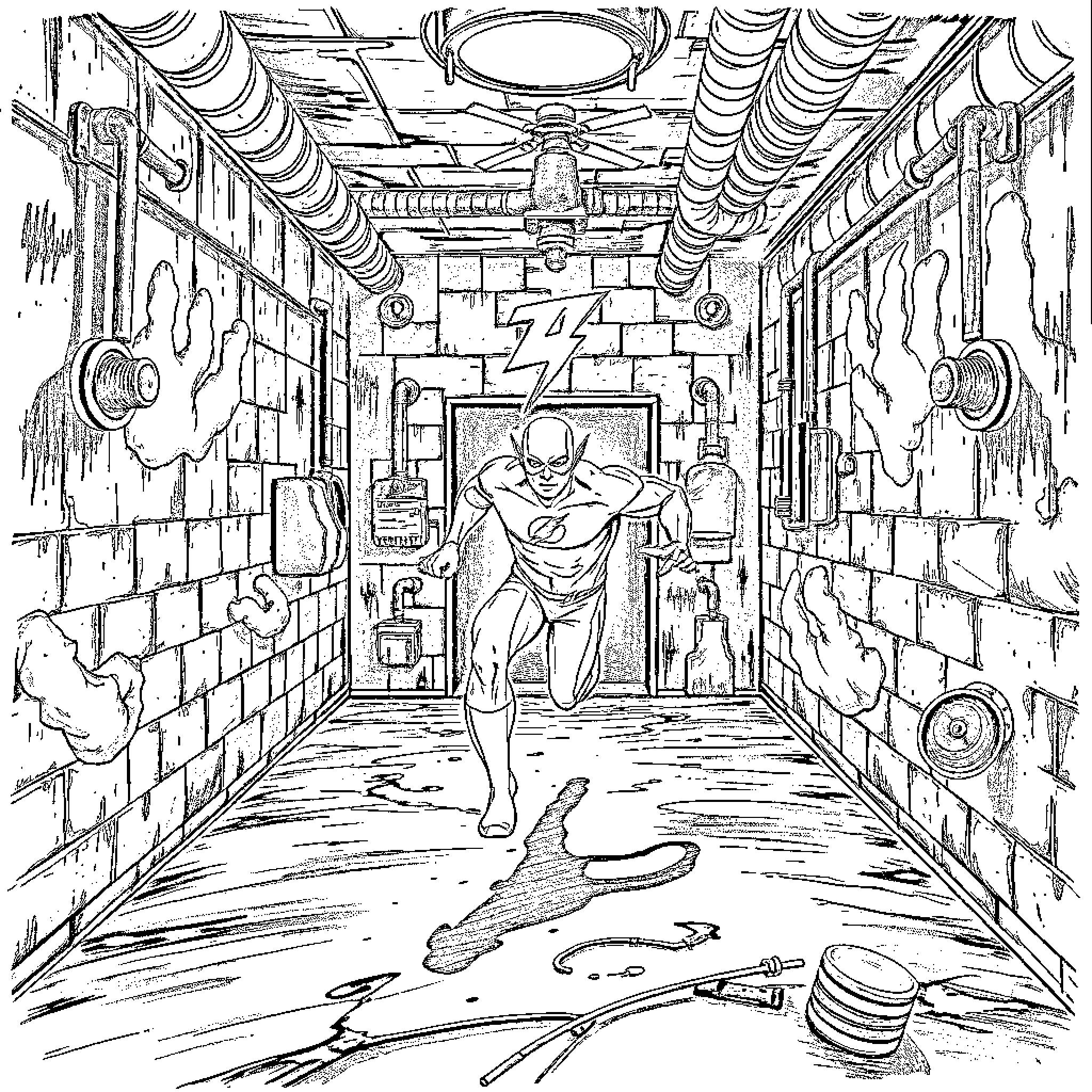 Flash Emergency Response in Dark Corridor Coloring Page (free black-and-white line drawing printable PDF for all, from beginners to advanced learners, including children, teens, adults, and seniors)