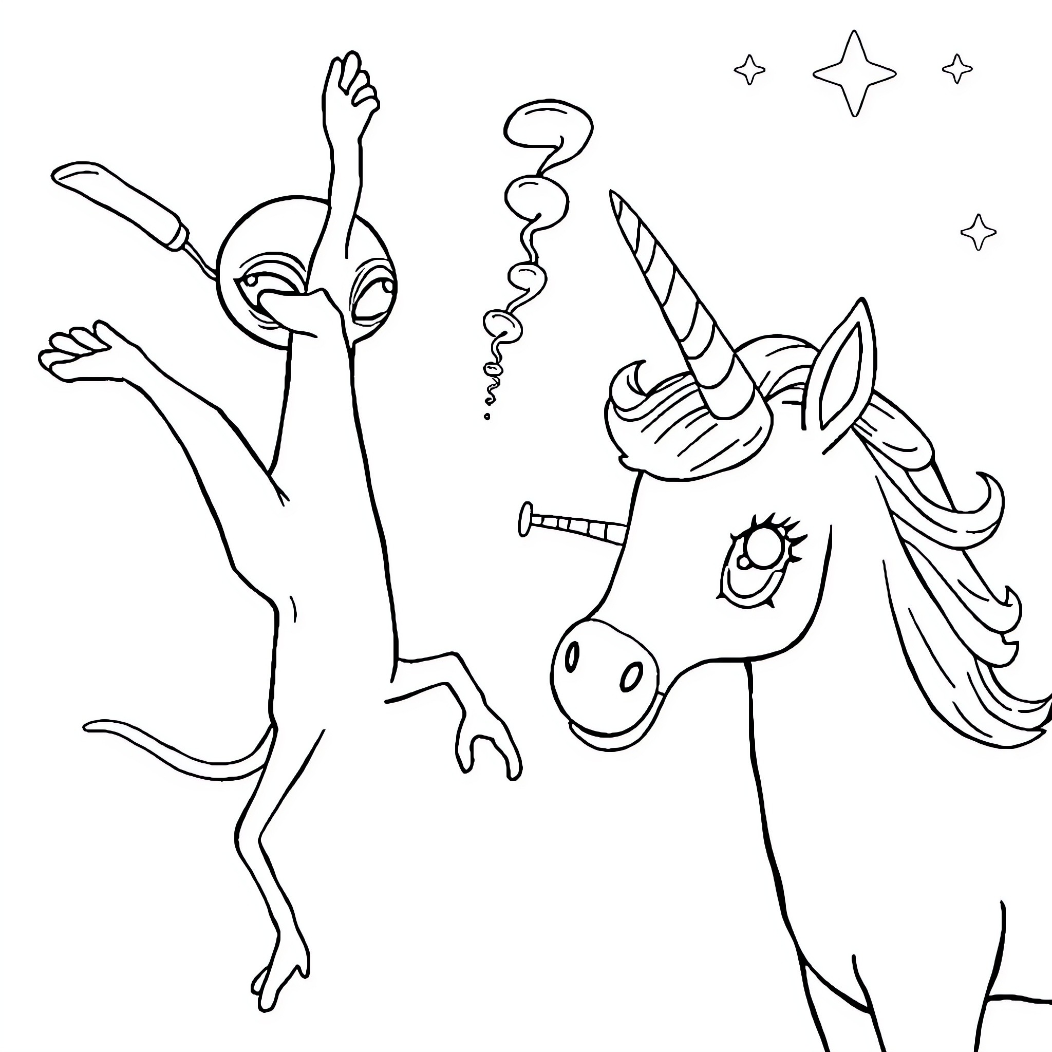 Alien creatures in playful and curious interaction Coloring Page (free black-and-white line drawing printable PDF for all, from beginners to advanced learners, including children, teens, adults, and seniors)